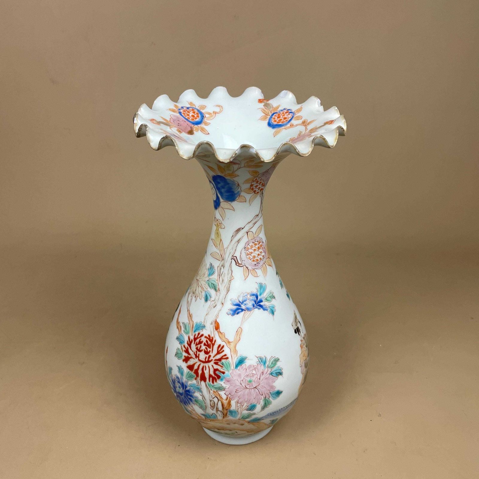 Oriental Antique Decorative Vase Ceramic White Pot Japanese Vintage Display Hand Painted Asian Old Floral Flowers Delicate Frilly Scalloped photo vintage