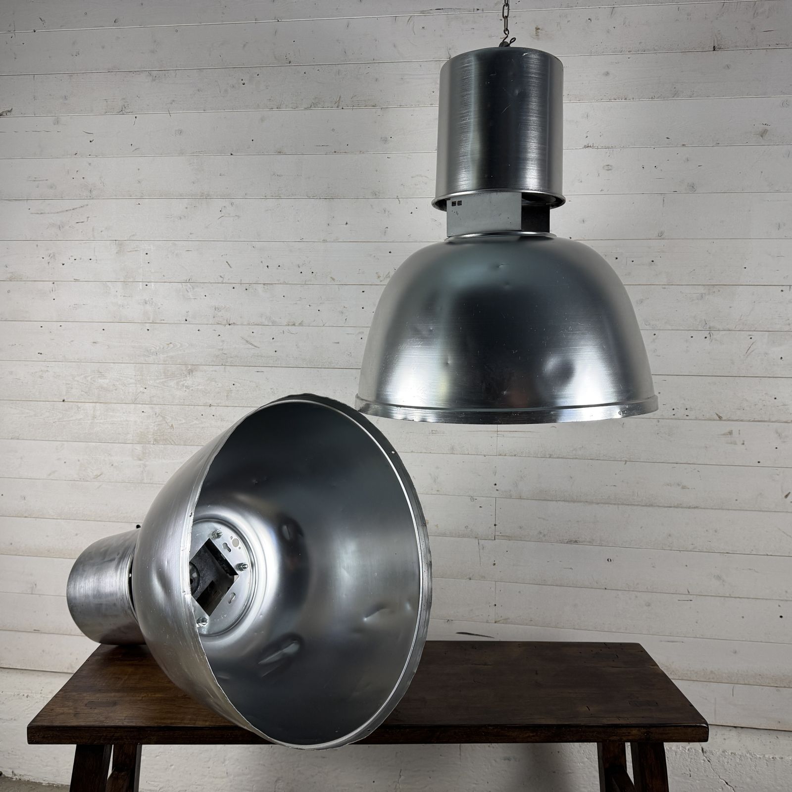 Pair Of Large Vintage Industrial Aluminium Light Shades