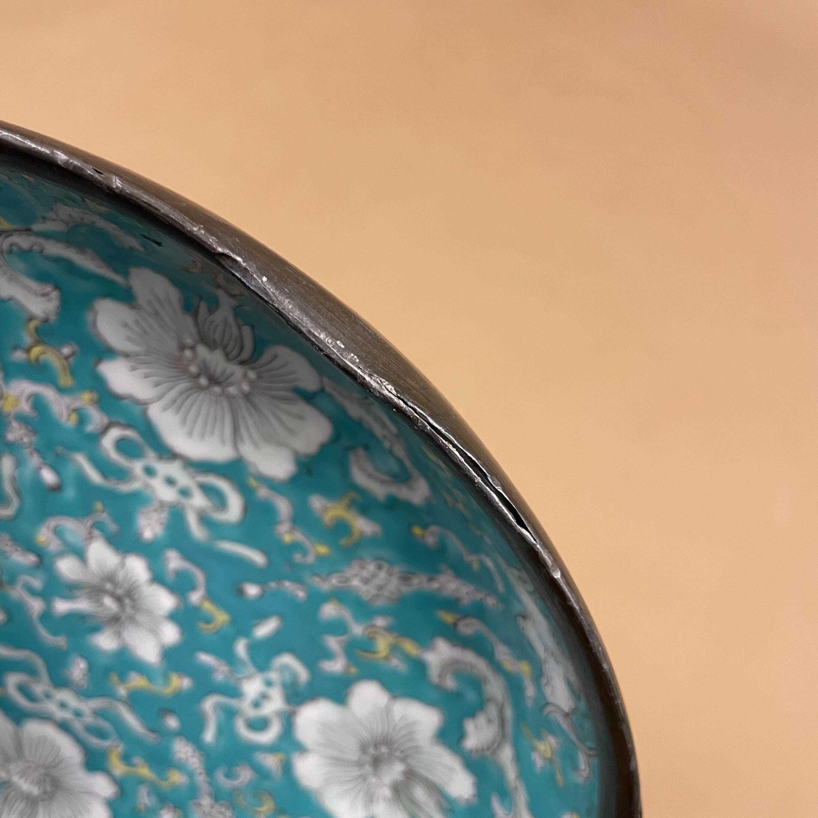 photo for sale Antique Oriental Ceramic Hand Painted Floral Bowl Plate Japanese Decorative Asian Round Porcelain Metal Back Blue 19.6cm Key Dish Coin