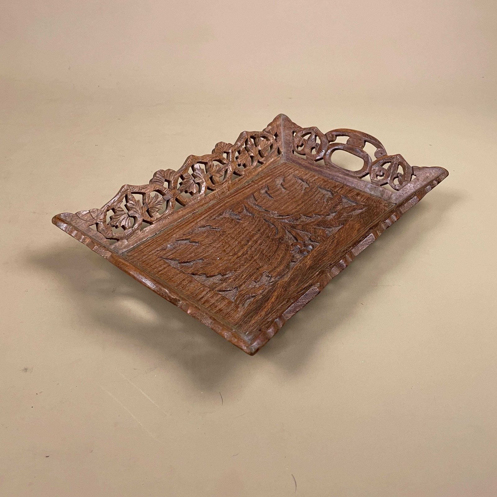 Carved Wood Serving Tray Small Rectangle Decorative Handcrafted Leaf Detail Pattern Traditional Display photo vinterior