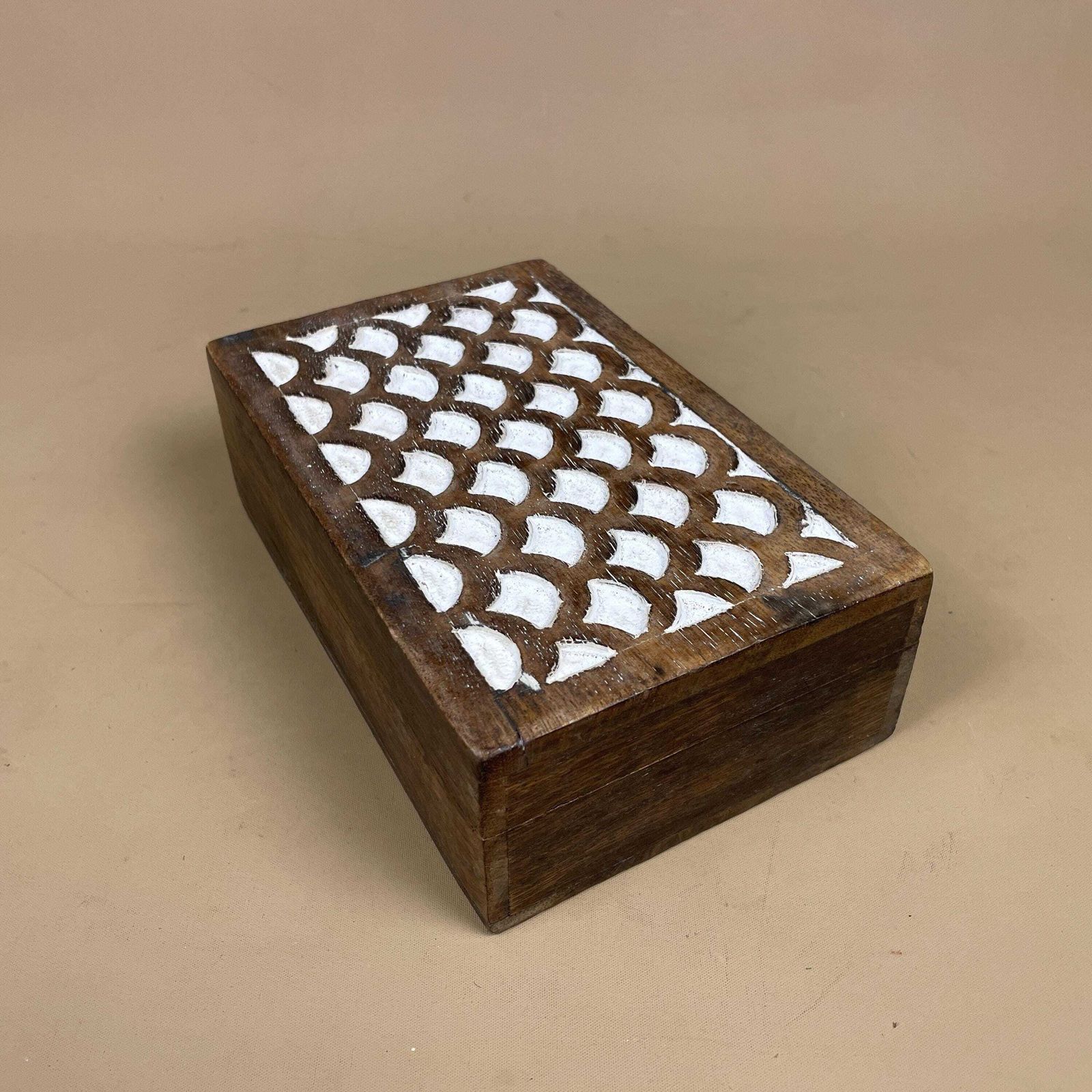 Wooden Carved Box White Scallop Pattern Painted Trinket Jewellery Chest Keepsake Handmade Wood Intricate Hand Carved Pattern Small Lid photo for sale