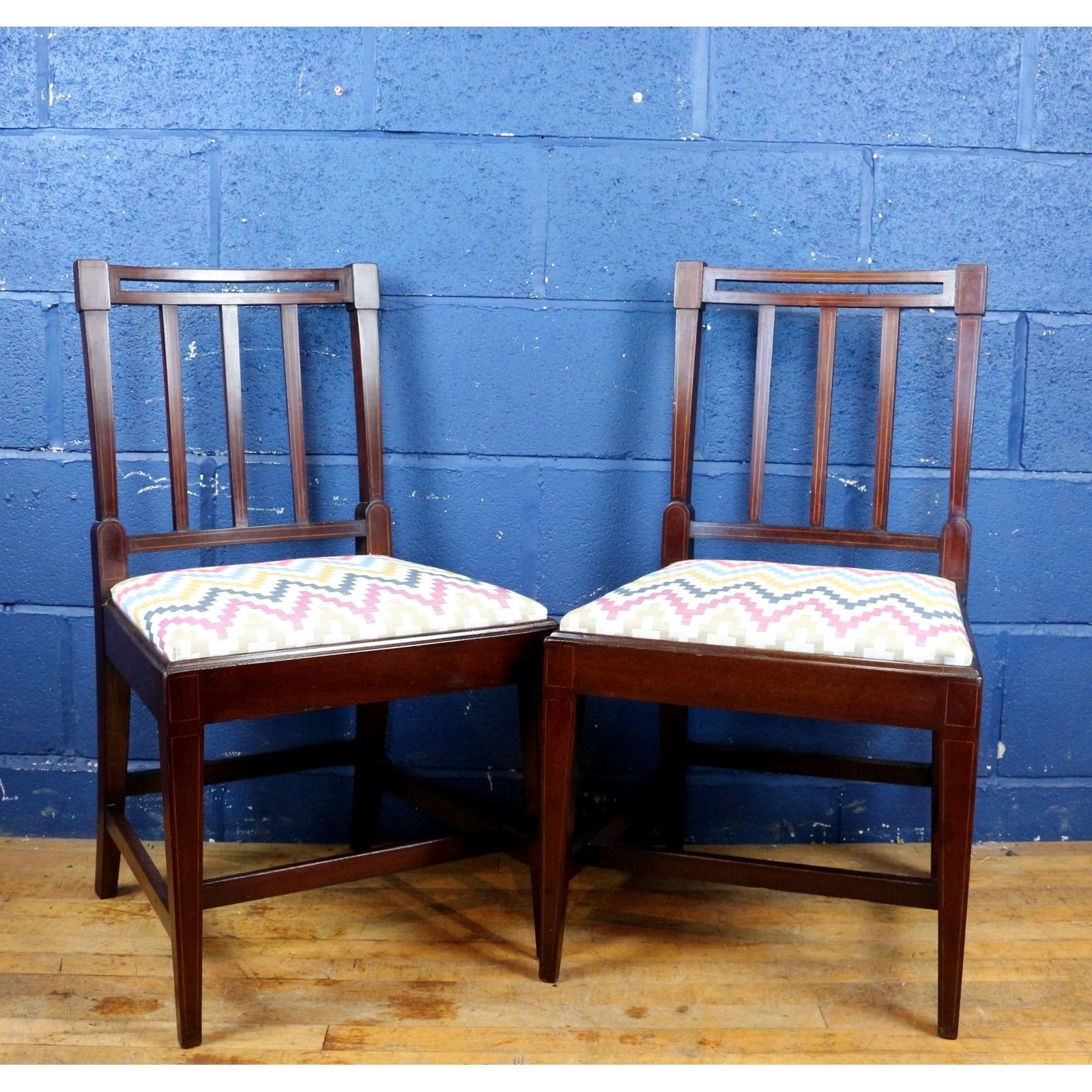 A Set Of Four Edwardian Inlaid Mahogany Slat Back Dining Chairs Freshly Reupholstered photo furniture