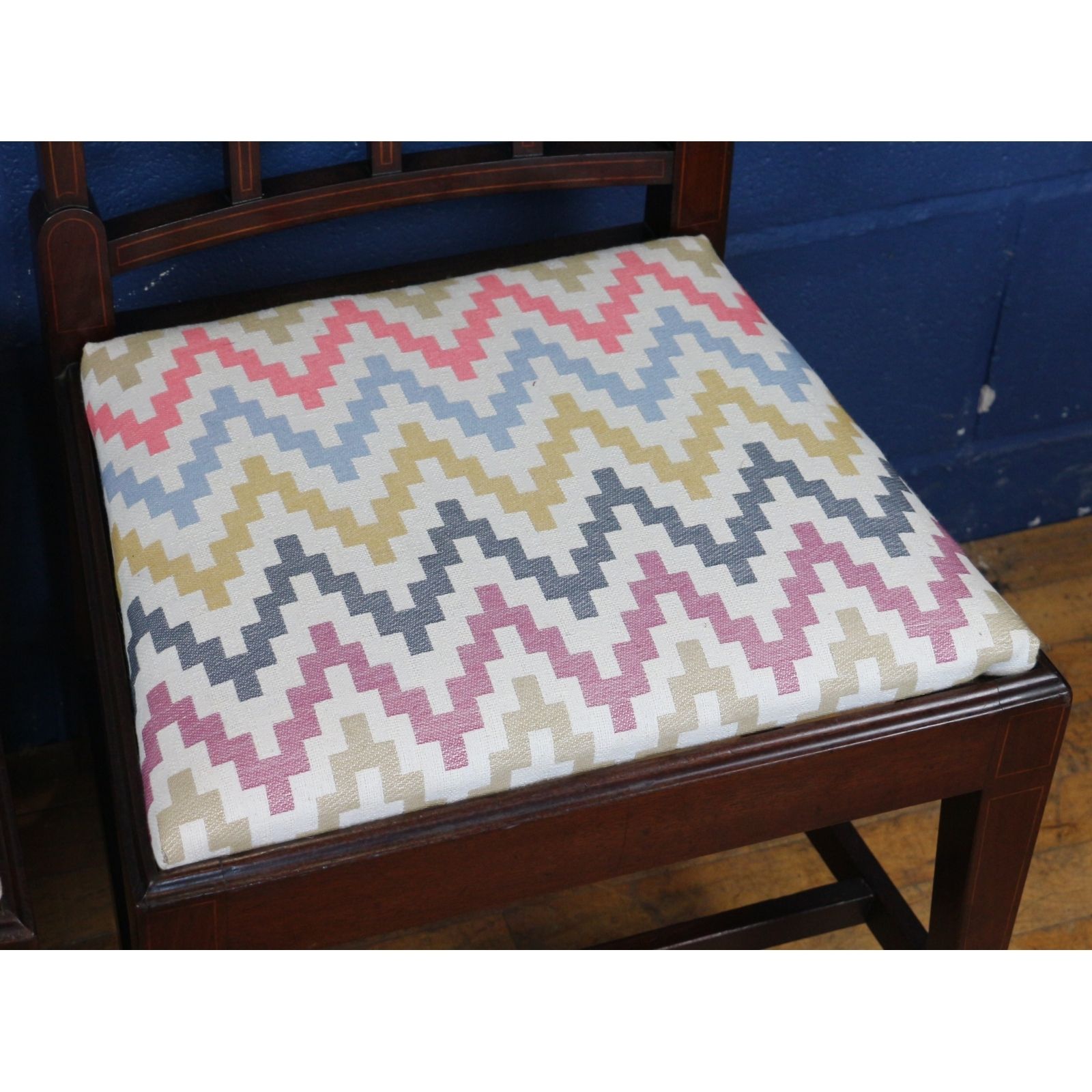 A Set Of Four Edwardian Inlaid Mahogany Slat Back Dining Chairs Freshly Reupholstered photo Furniture