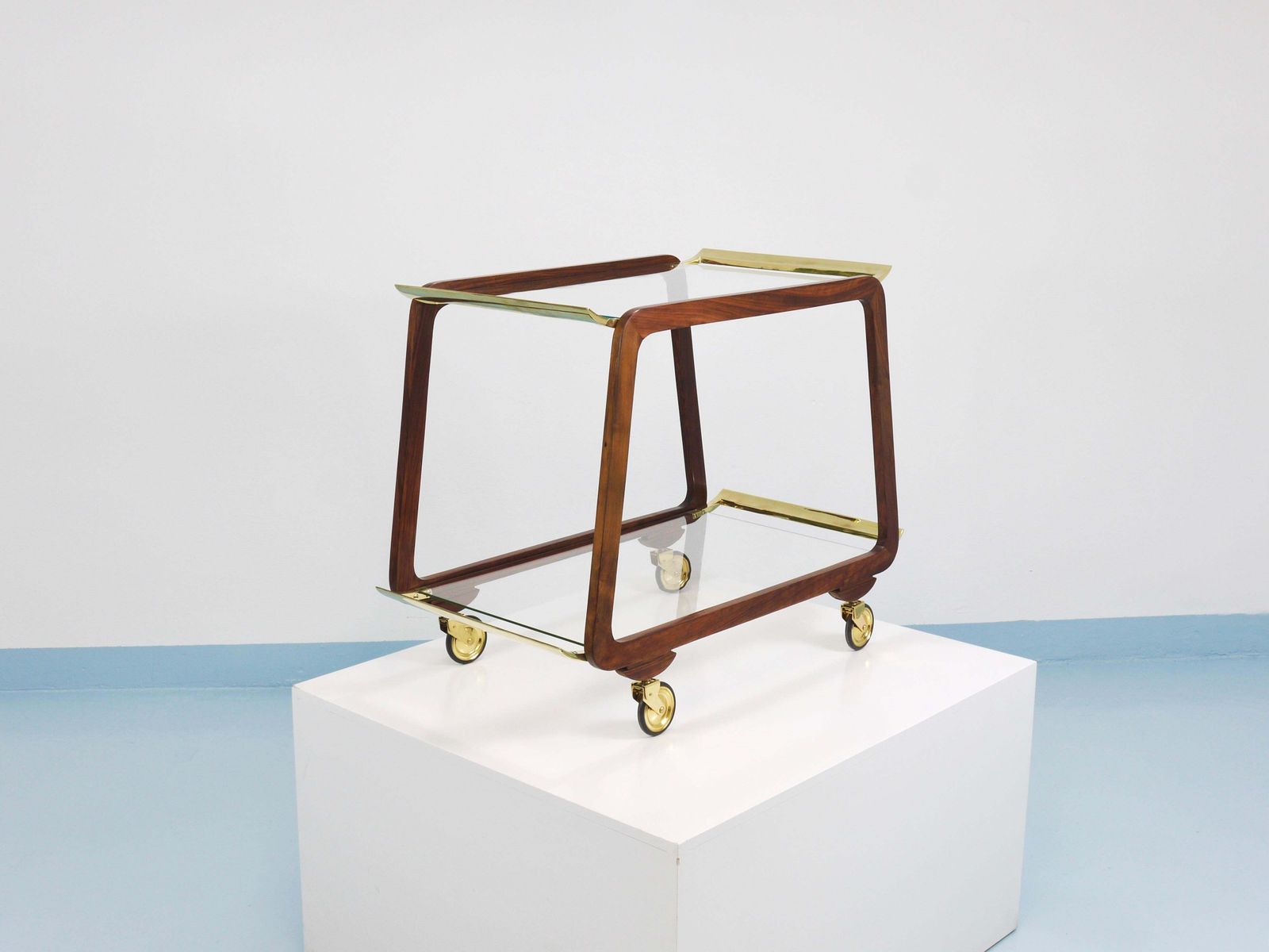 Mid Century Walnut Brass Bar Cart Serving Trolley, 1950s, Oswald Haerdtl Attr. photo vinterior