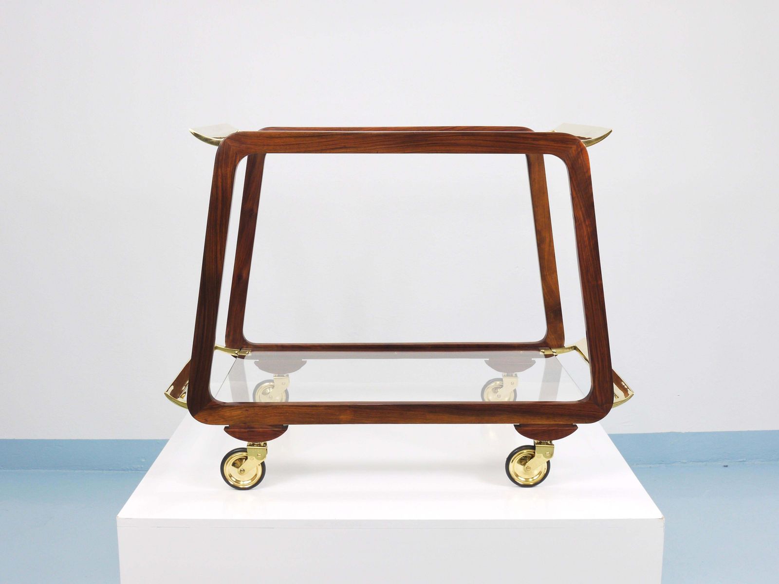 photo furniture Mid Century Walnut Brass Bar Cart Serving Trolley, 1950s, Oswald Haerdtl Attr.