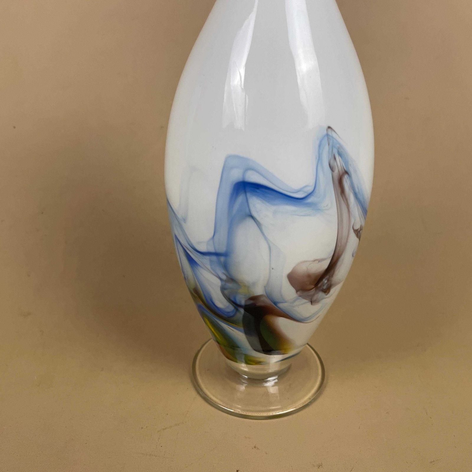 White Blue Swirl Vase Art Glass Decorative Shelf Display Centrepiece Handblown Style Hand Applied Colour photo furniture