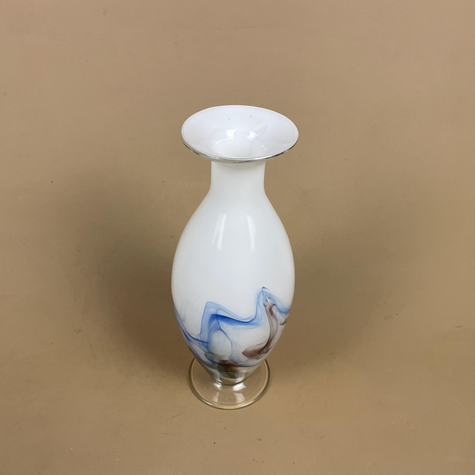 White Blue Swirl Vase Art Glass Decorative Shelf Display Centrepiece Handblown Style Hand Applied Colour photo for sale