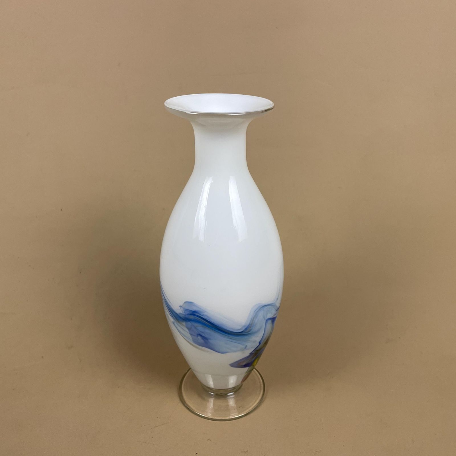 White Blue Swirl Vase Art Glass Decorative Shelf Display Centrepiece Handblown Style Hand Applied Colour photo Home Decor