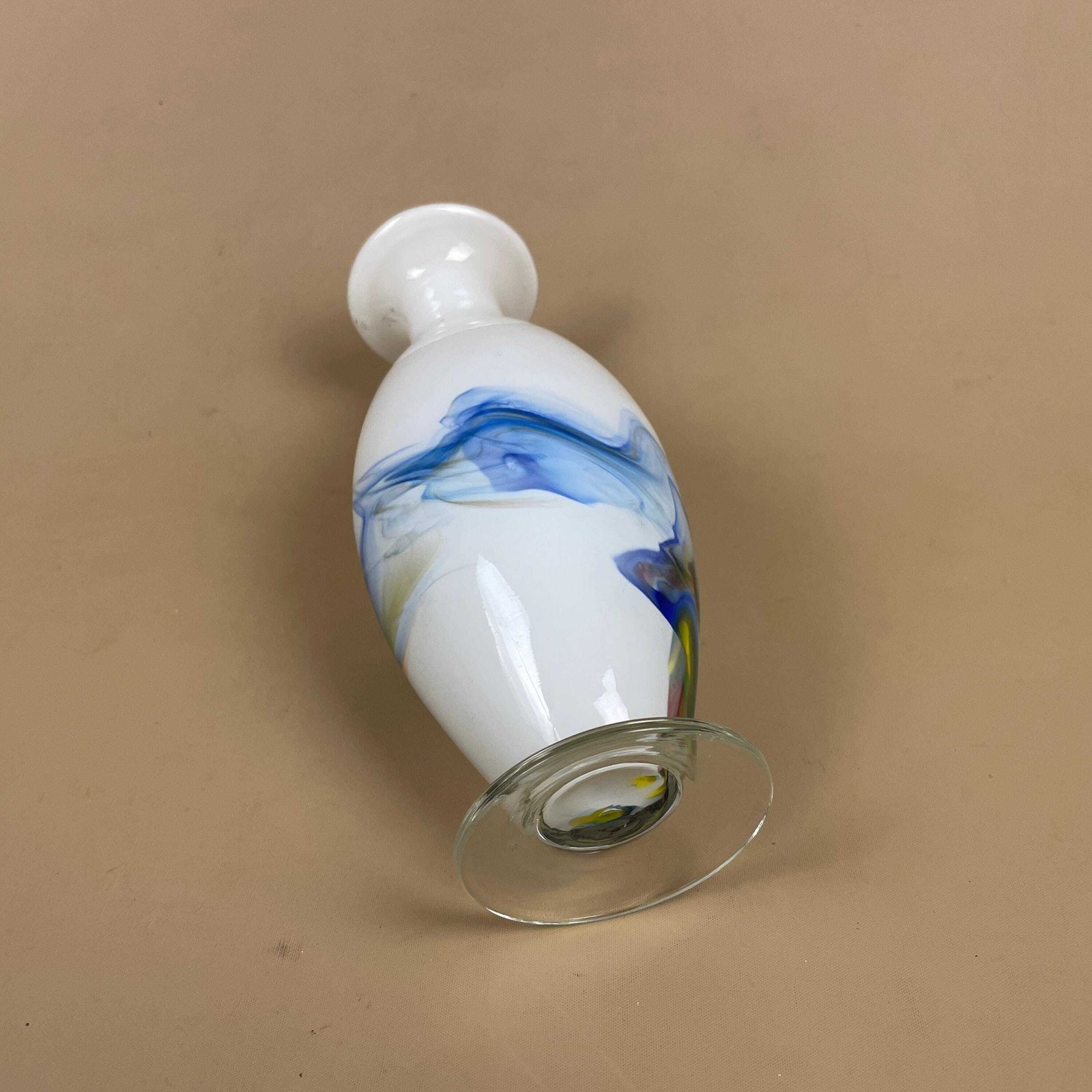 White Blue Swirl Vase Art Glass Decorative Shelf Display Centrepiece Handblown Style Hand Applied Colour photo 65.0