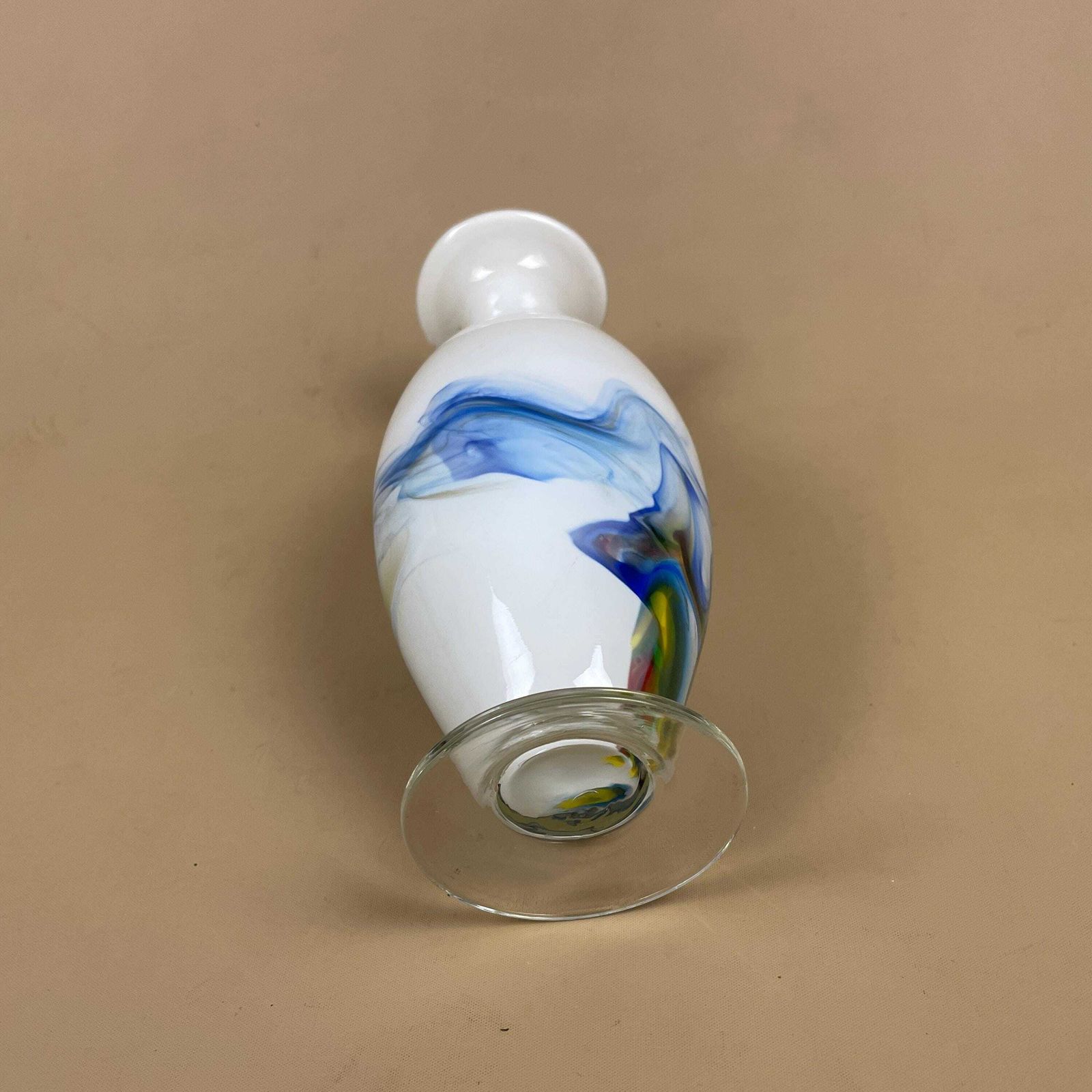 White Blue Swirl Vase Art Glass Decorative Shelf Display Centrepiece Handblown Style Hand Applied Colour photo buy