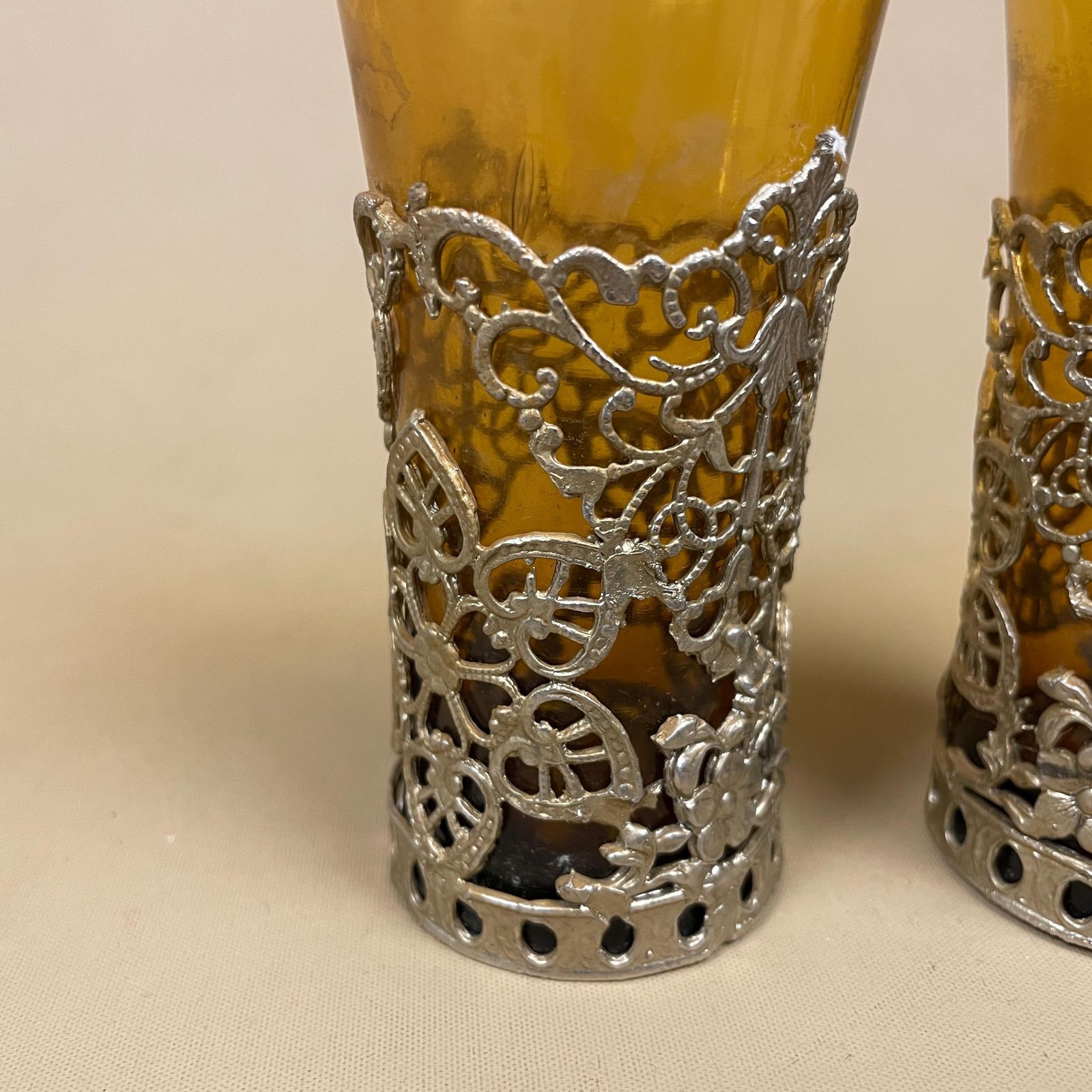 Amber Glass Decanter Metal Filigree Pattern Pair Ornate Votive Holders Orange Shot Glass photo Home Decor