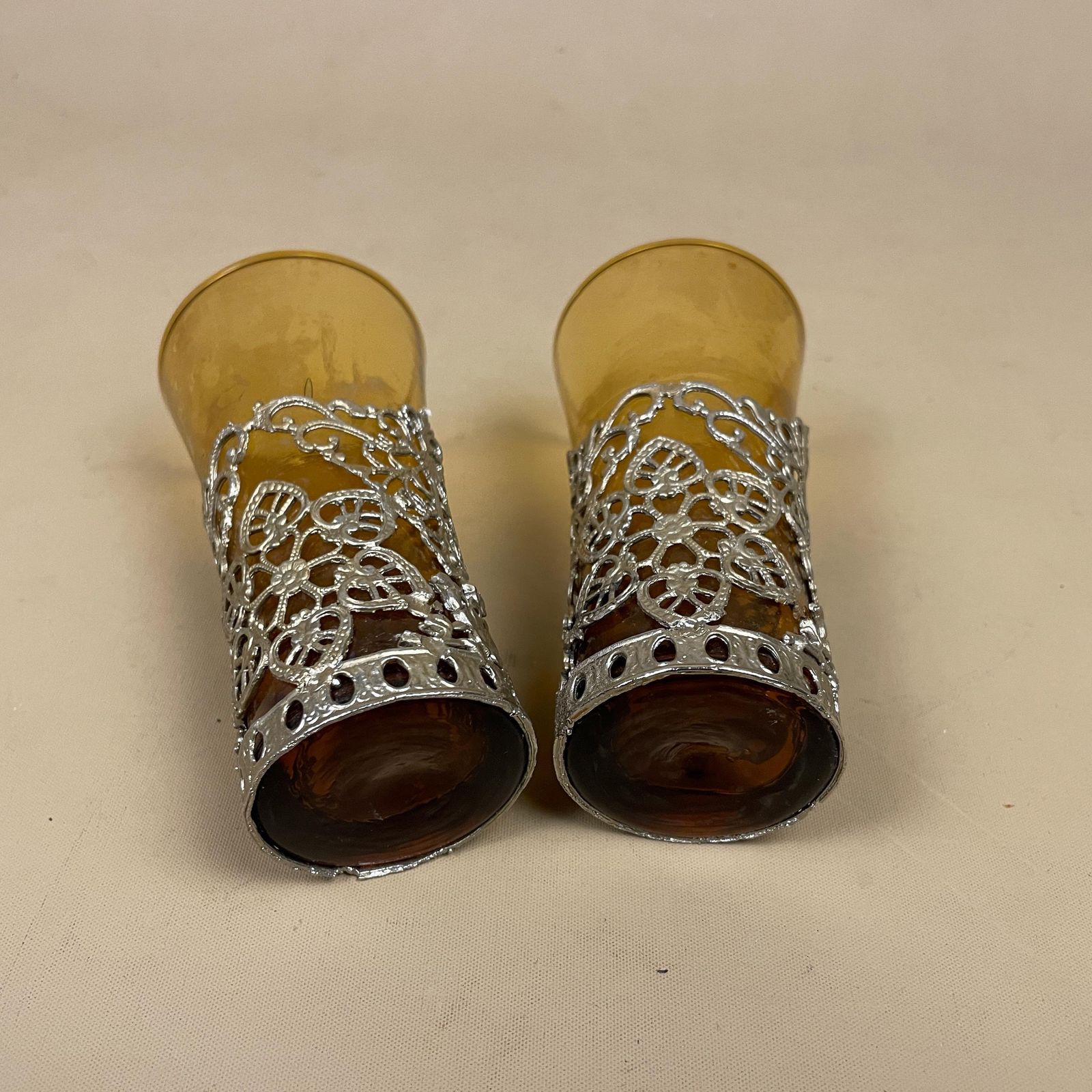 photo furniture Amber Glass Decanter Metal Filigree Pattern Pair Ornate Votive Holders Orange Shot Glass