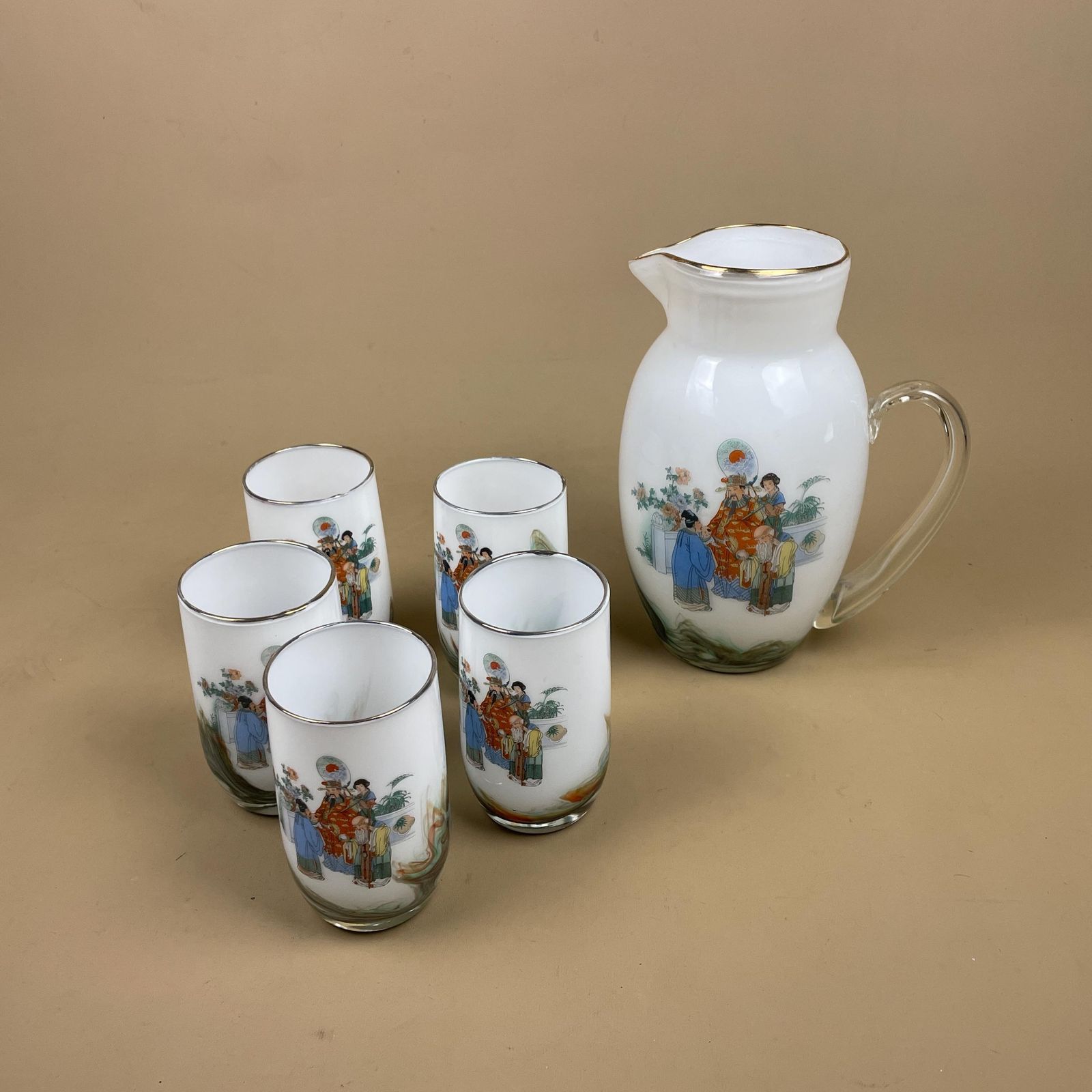 Dalian Snowflake White Transfer Pitcher Jug And Tumblers Figurative Oriental Chinese 5 Glasses & 1 Jug Drinkware Glass photo furniture
