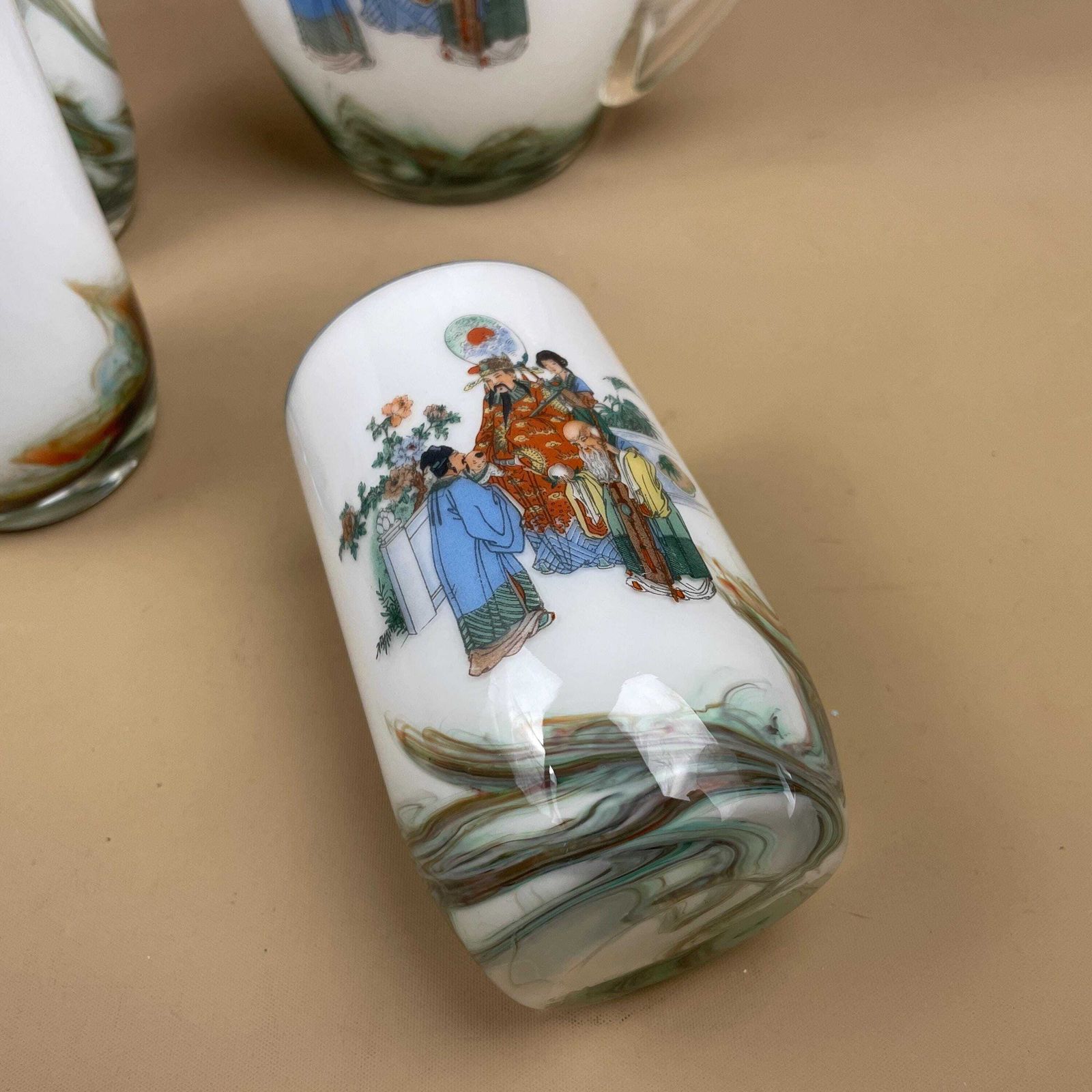 Dalian Snowflake White Transfer Pitcher Jug And Tumblers Figurative Oriental Chinese 5 Glasses & 1 Jug Drinkware Glass photo vinterior