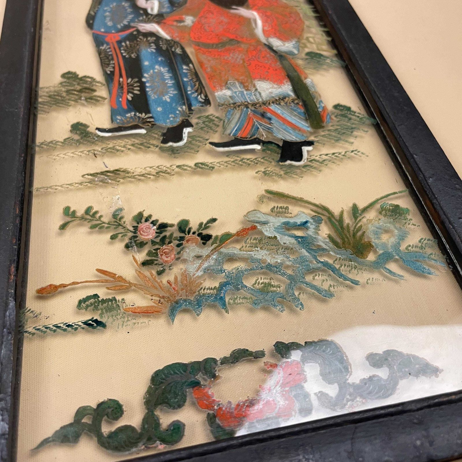 Oriental Reverse Glass Painting Panels Black Wood Frame Chinese Hand Painted Figurative Asian Wall Art Chinoiserie Artwork Pictures Picture photo Art