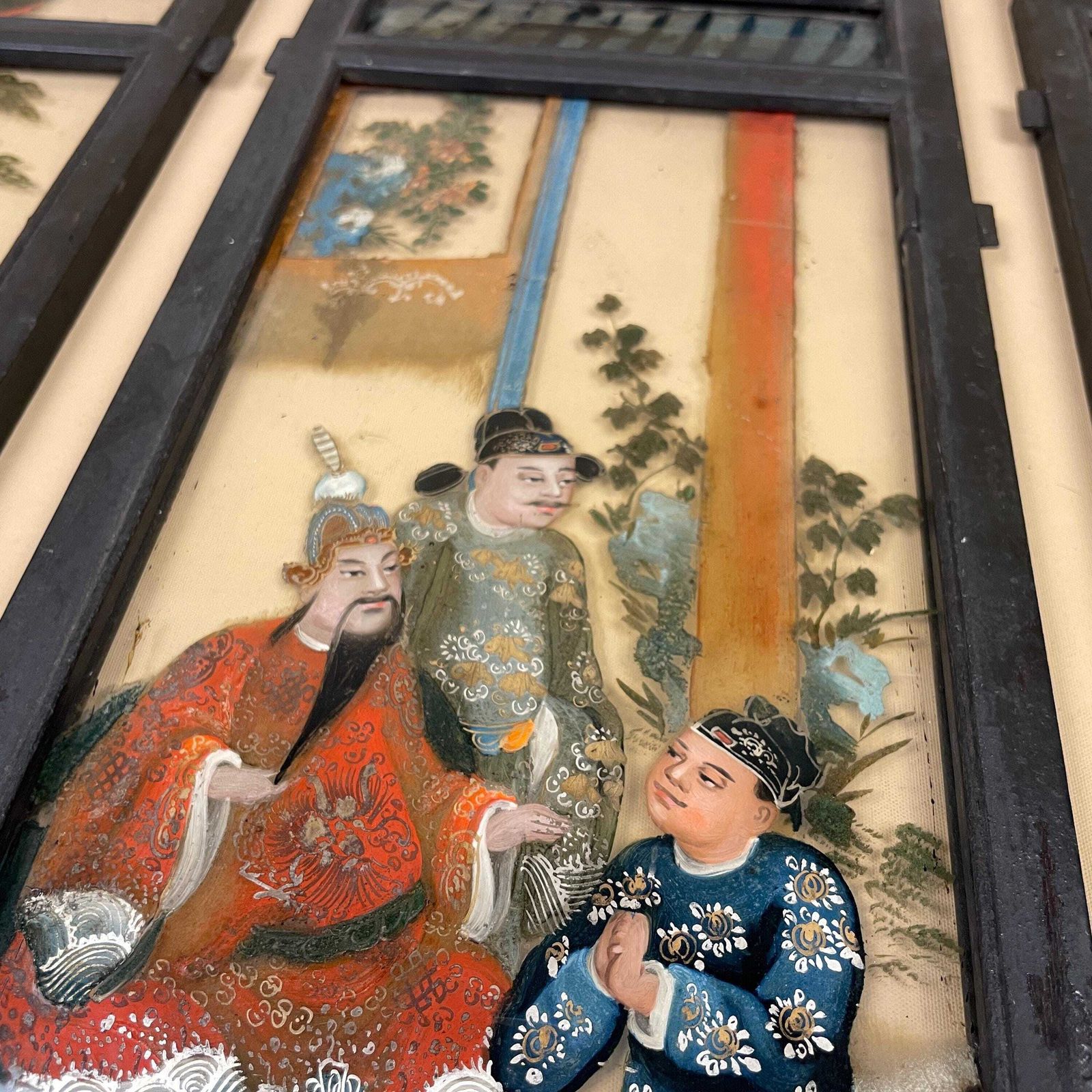 Oriental Reverse Glass Painting Panels Black Wood Frame Chinese Hand Painted Figurative Asian Wall Art Chinoiserie Artwork Pictures Picture photo vinterior