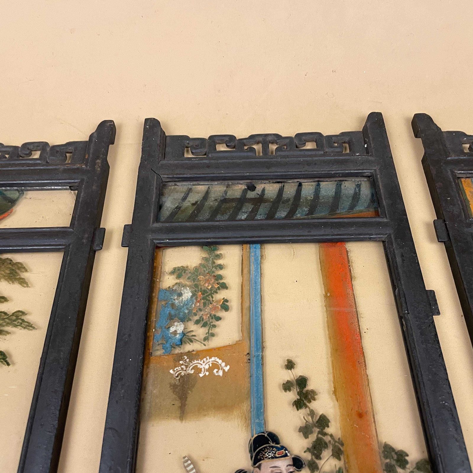 165.0 Oriental Reverse Glass Painting Panels Black Wood Frame Chinese Hand Painted Figurative Asian Wall Art Chinoiserie Artwork Pictures Picture photo