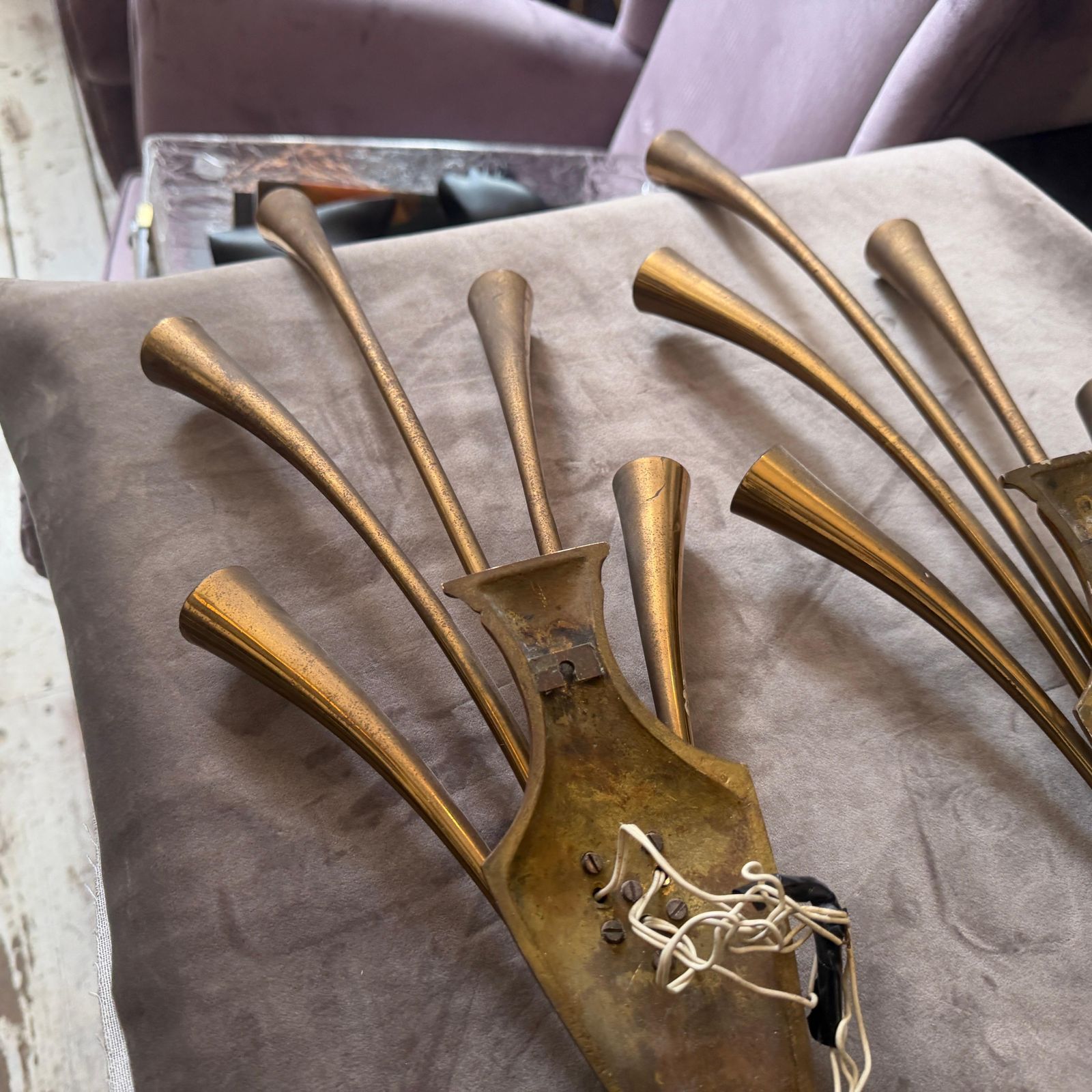 photo for sale Two 1950 Mid Century Modern Brass Wall Sconces By Oscar Torlasco For Lumi Milano