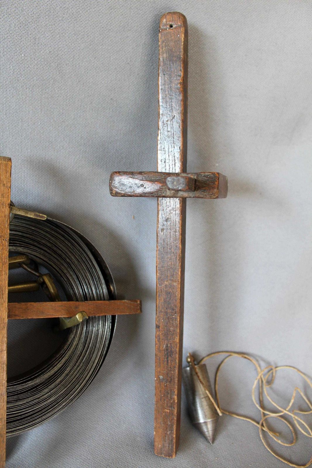 Set Of Four Antique Wood Tools, Surveyor Coiled Steel Tape Measure With Brass, A Scribe Marking Gauge, Square With Inlay, Metal Plumb Bob, photo Home Decor