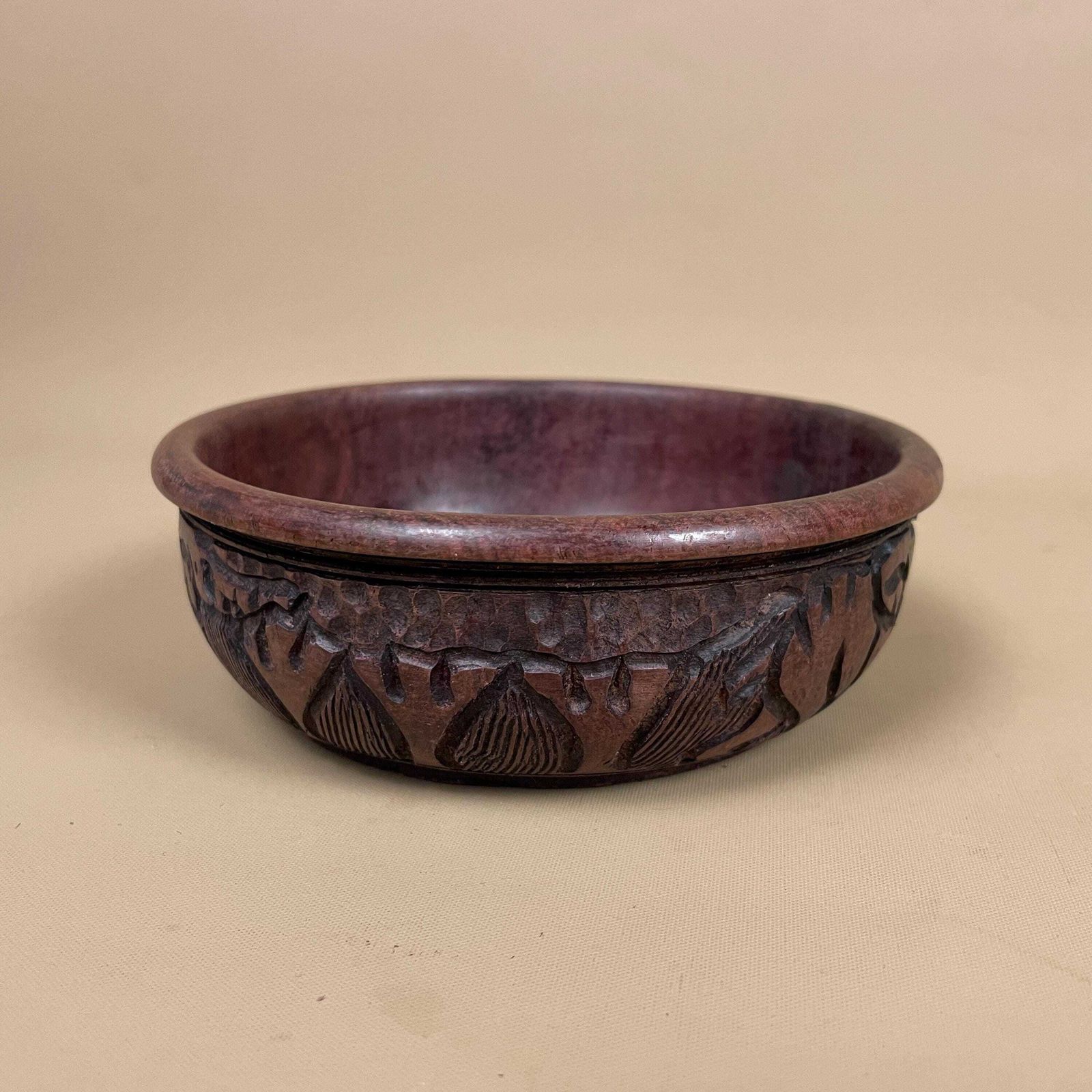 Vintage Hand Carved Wooden Bowl Decorative Elephant Motif African Round Rustic Farmhouse Cottage Wood Tableware Low Profile Rim photo furniture