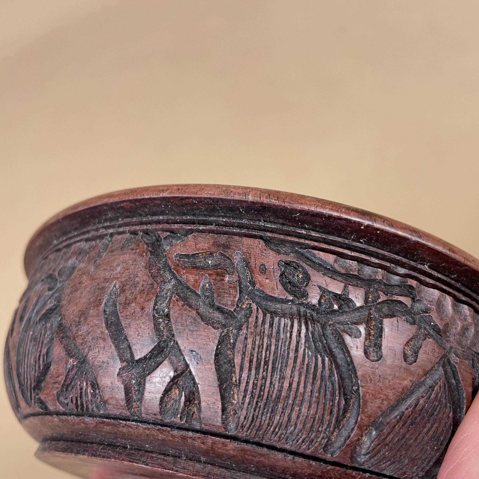 Vintage Hand Carved Wooden Bowl Decorative Elephant Motif African Round Rustic Farmhouse Cottage Wood Tableware Low Profile Rim photo 55.0