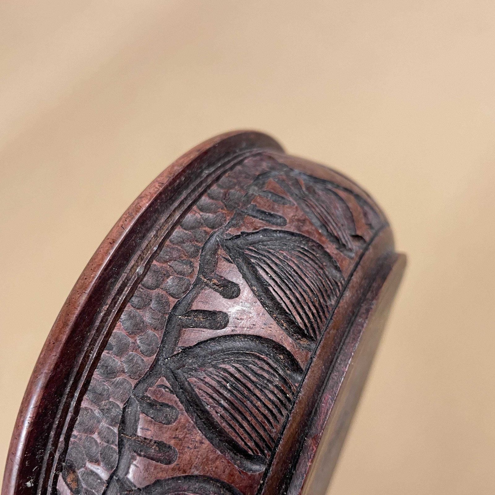 Vintage Hand Carved Wooden Bowl Decorative Elephant Motif African Round Rustic Farmhouse Cottage Wood Tableware Low Profile Rim photo vinterior