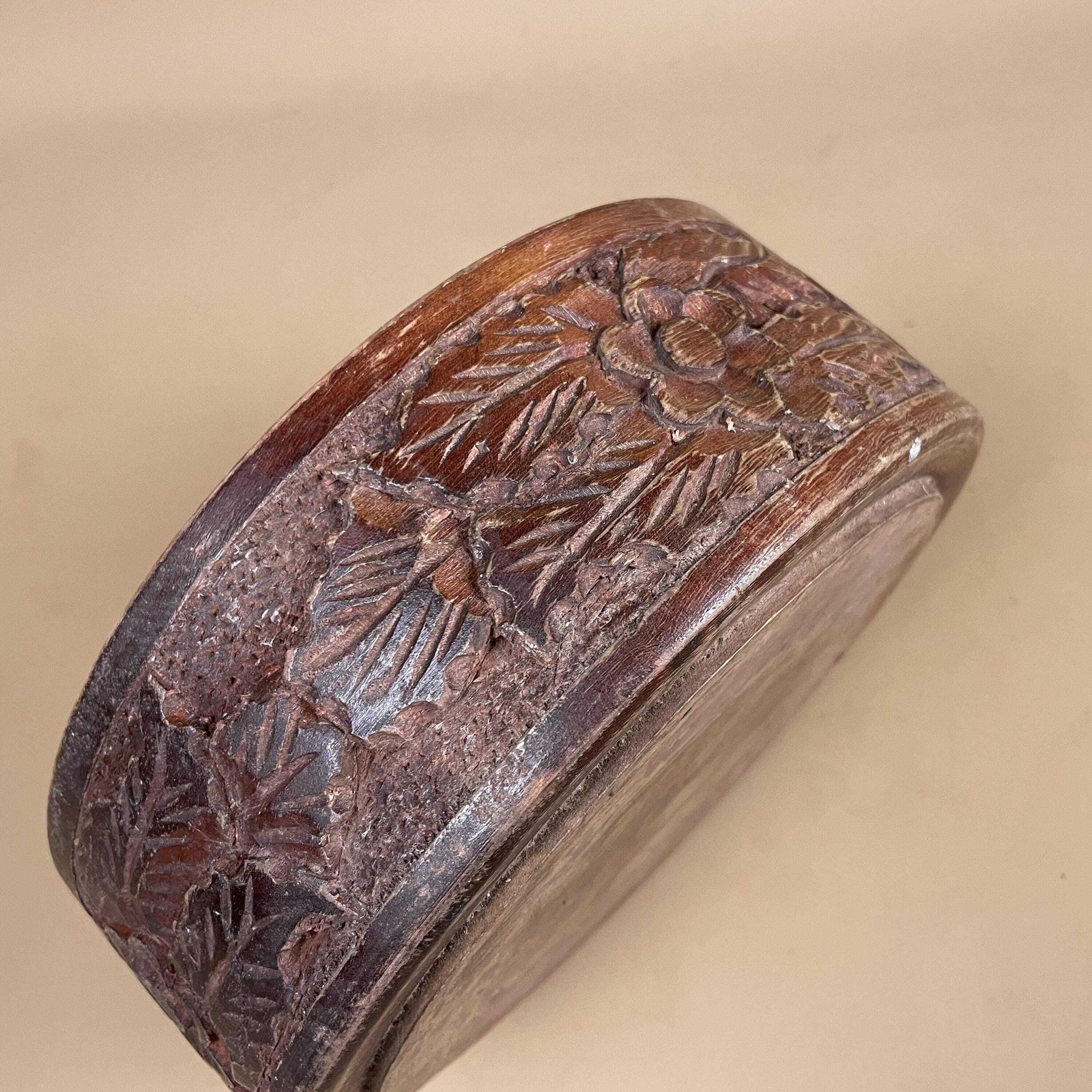 Vintage Hand Carved Wooden Bowl Decorative Floral Leaf Motif Rustic Display Tub Farmhouse Cottage Tableware Wood Handmade Round photo 55.0