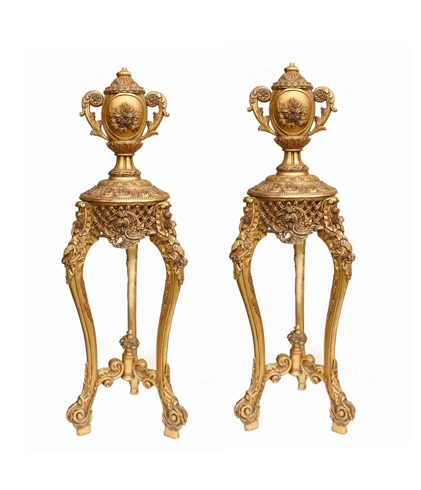 Pair Italian Giltwood Pedestals Rococo Stands Classical Urn Finials