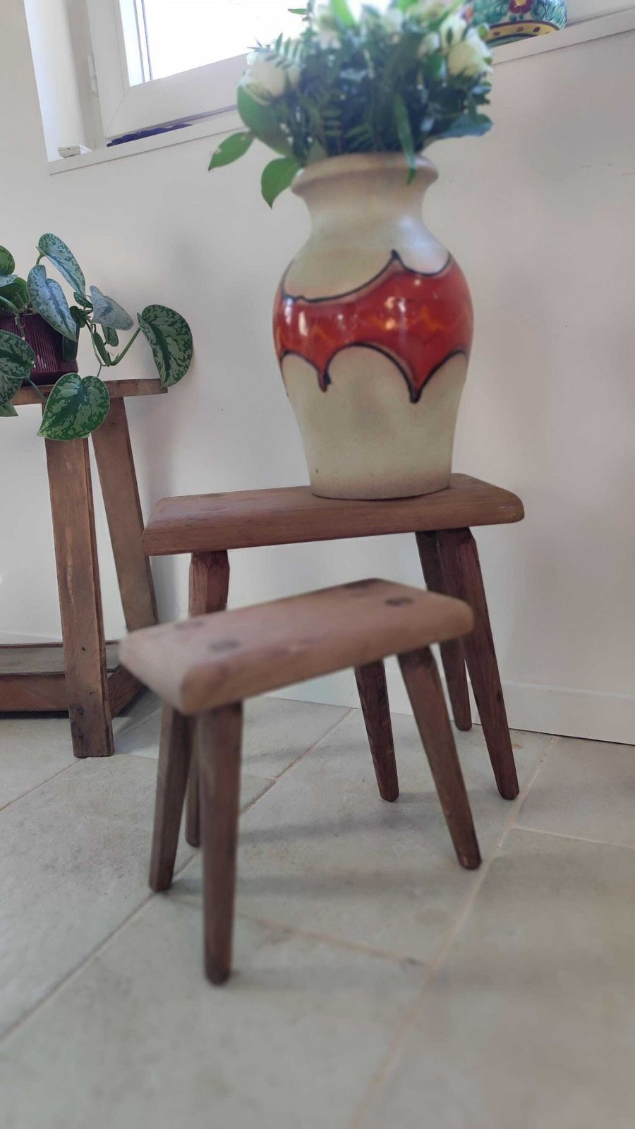 French Primitive Wooden Stool Set Of 2 In Brutalist Design photo 633.0
