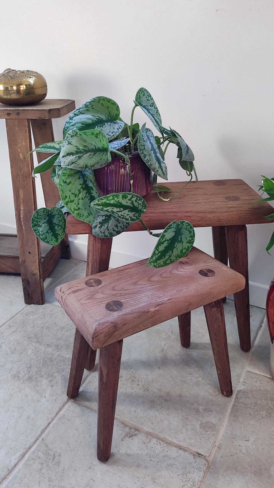 French Primitive Wooden Stool Set Of 2 In Brutalist Design photo vinterior