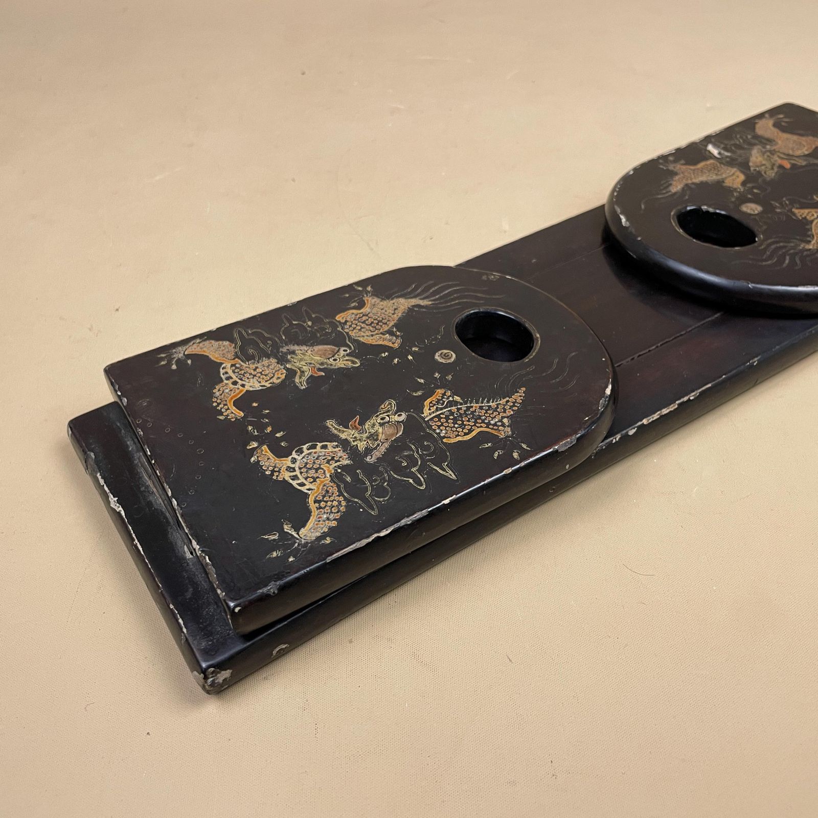 Antique Handmade Oriental Chinese Wooden Book Slide Ends Wood Carved Fold Away Vintage Bookends Adjustable Hand Painted Black Gold China photo for sale
