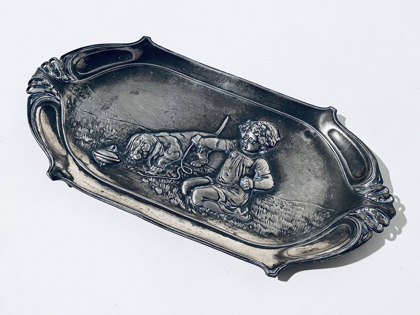 Wmf Art Nouveau Pewter Plate Tray With Child Playing With Dog Motif / 1910s photo vinterior