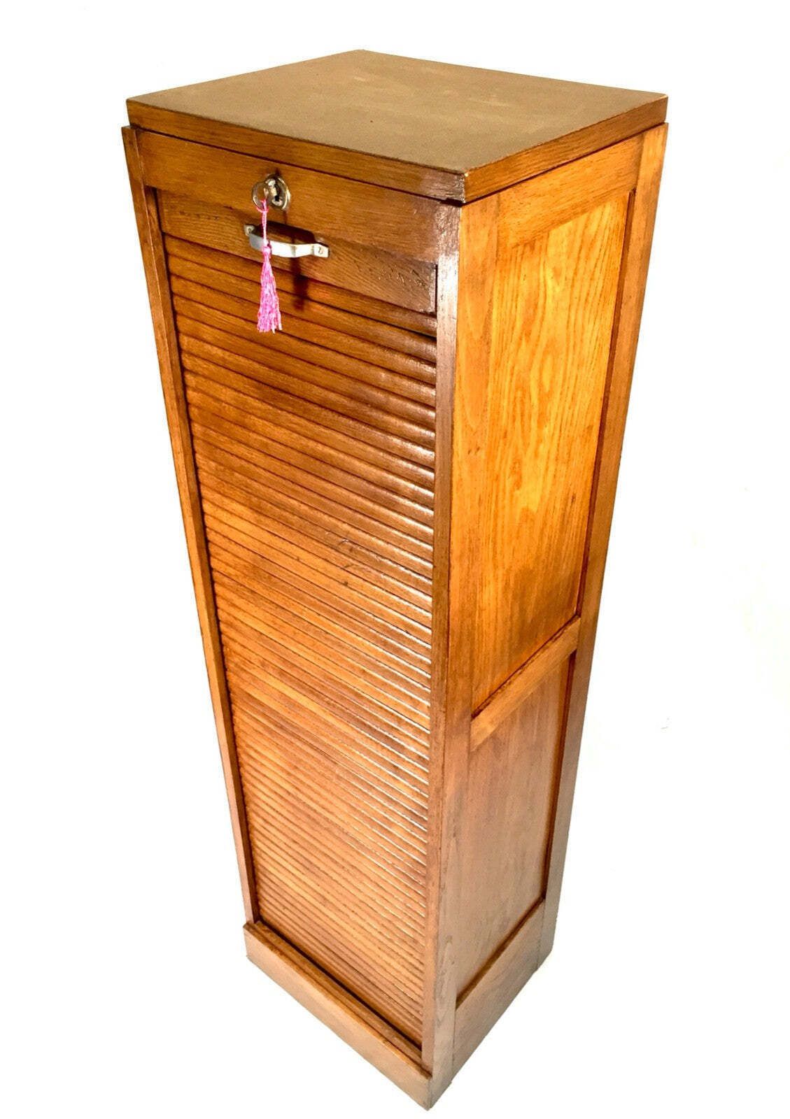 Antique 1950s Wooden Oak Tambour Fronted Office Paper Filing Cabinet With Key photo furniture