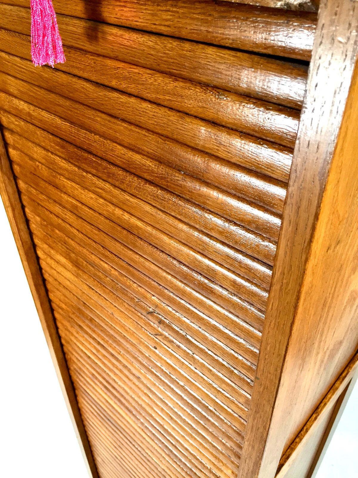 Antique 1950s Wooden Oak Tambour Fronted Office Paper Filing Cabinet With Key photo Furniture