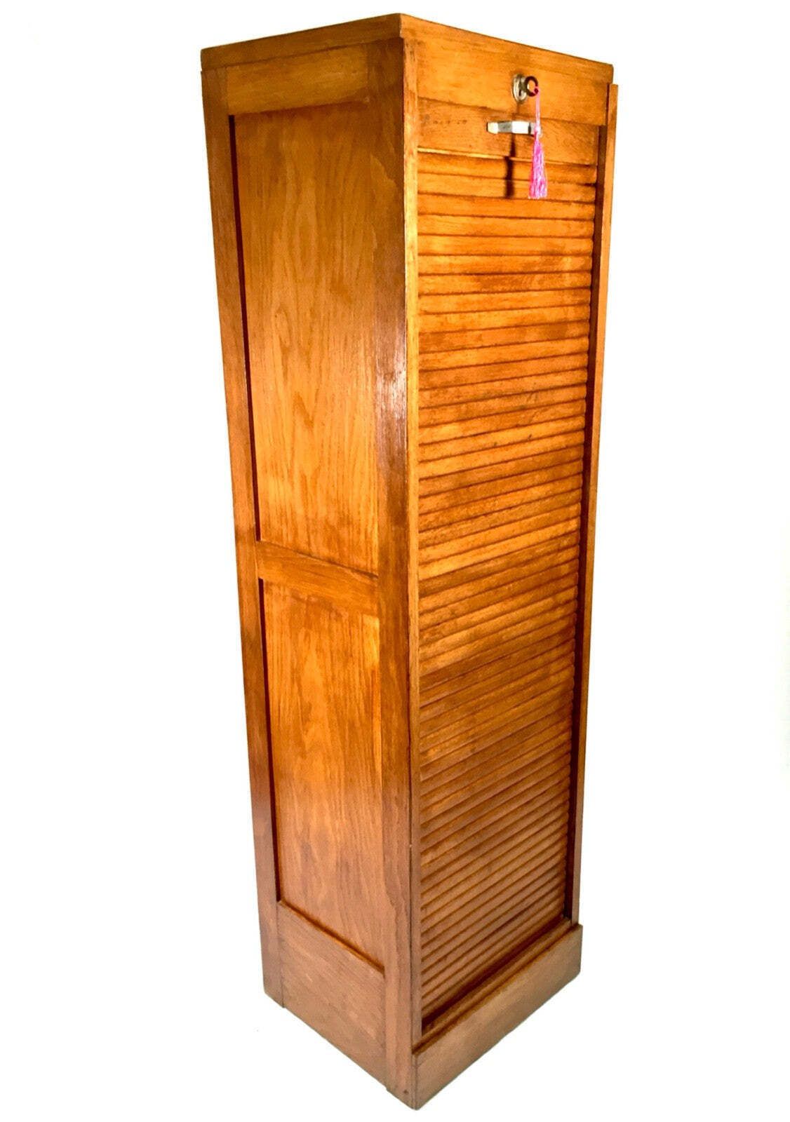 Antique 1950s Wooden Oak Tambour Fronted Office Paper Filing Cabinet With Key photo vintage