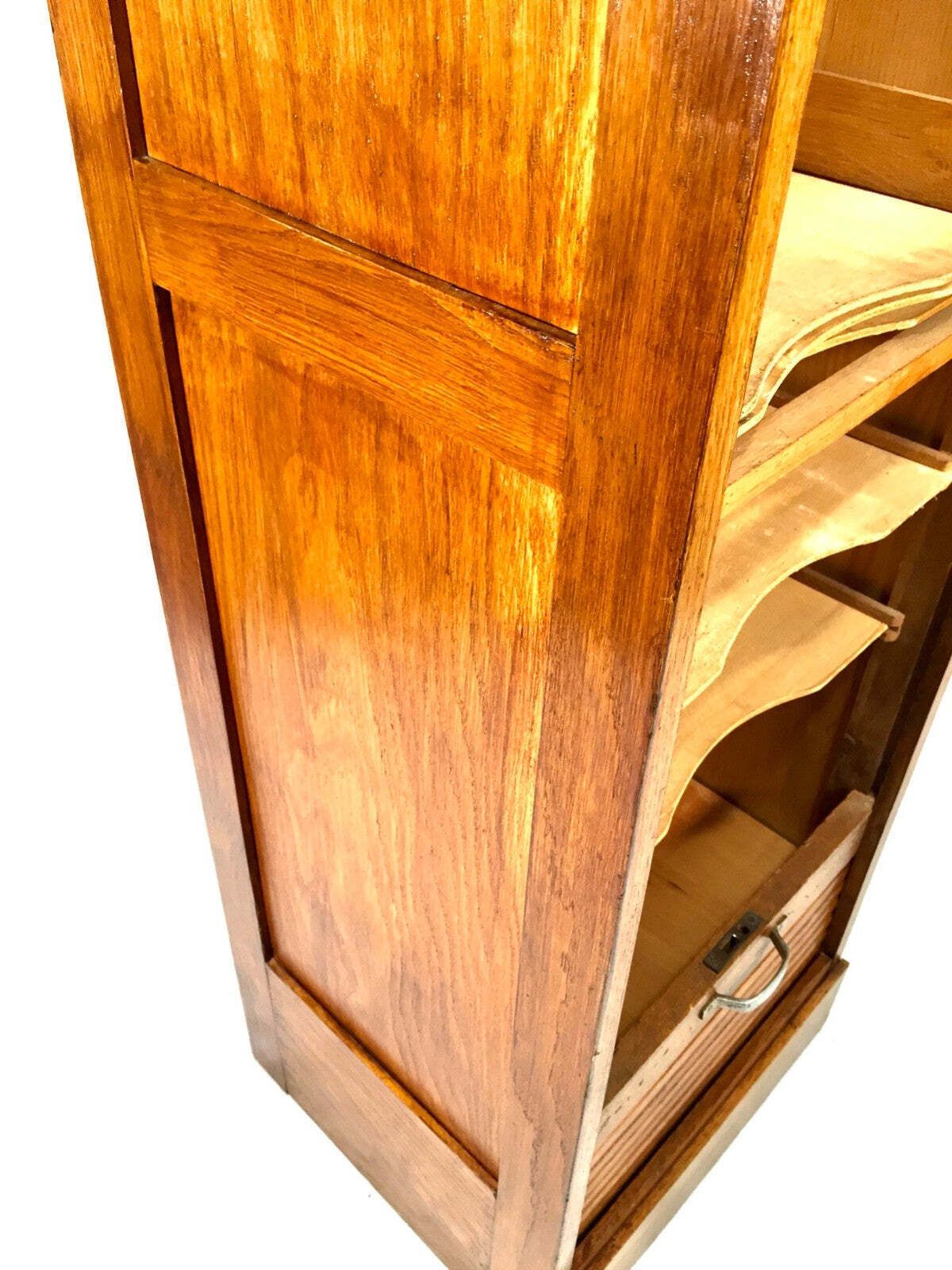 Furniture Antique 1950s Wooden Oak Tambour Fronted Office Paper Filing Cabinet With Key photo