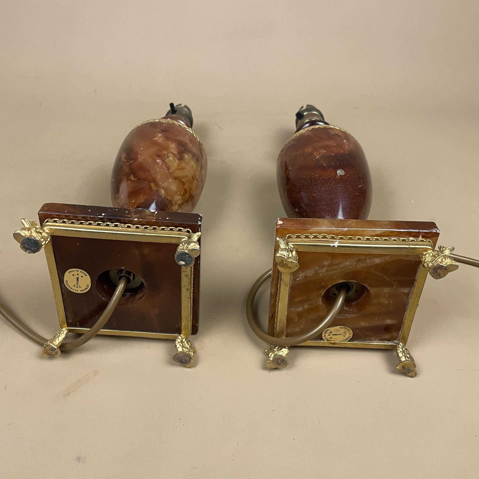 119.0 Pair Of 2 Antique Alabaster Marble Brass Metal Gold Lamp Light Bedside Side Table Marbled Patterned Vintage Stone Brown Bedside Fish Feet photo