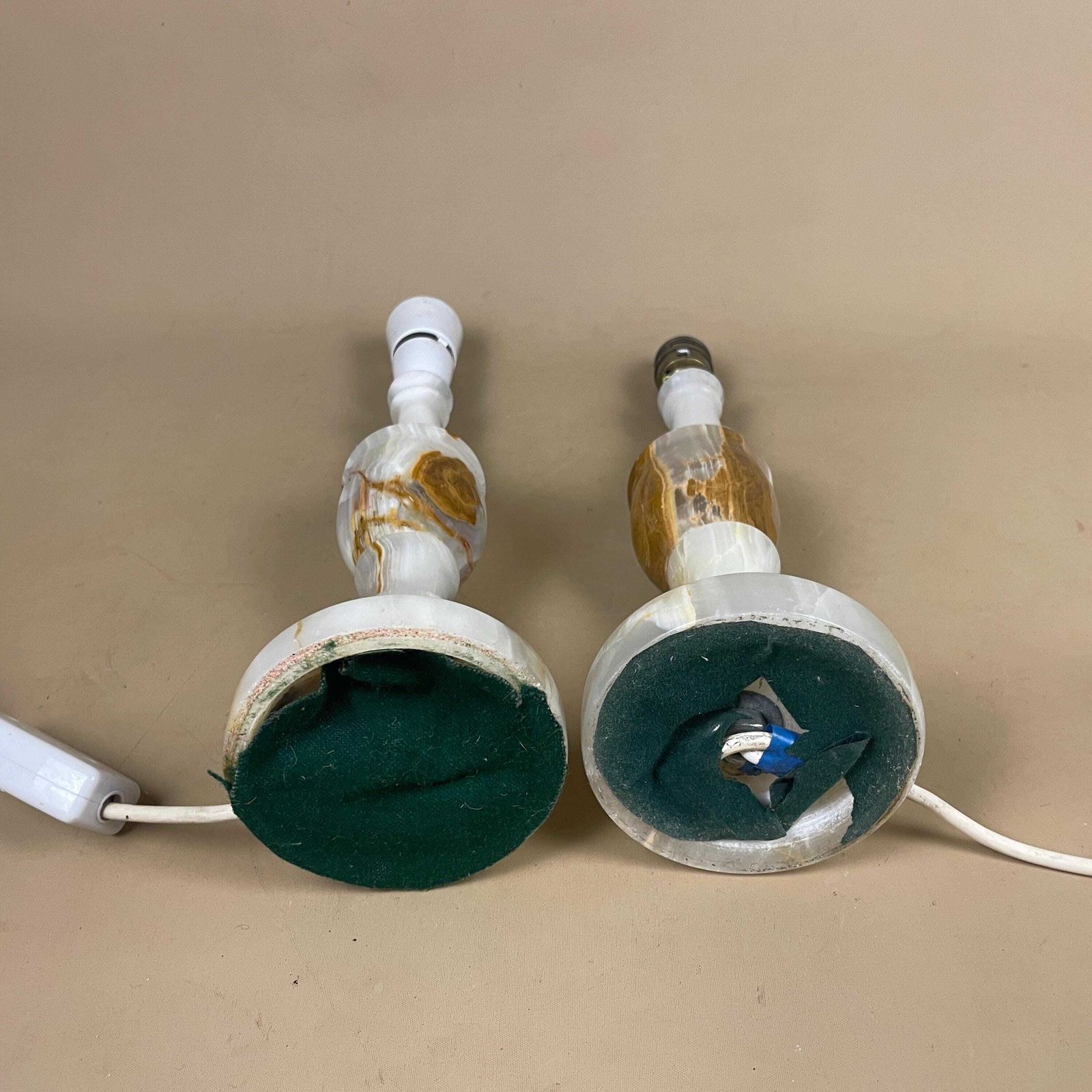 photo for sale Pair Of 2 Antique Alabaster Marble Lamp Light Bedside Side Table Marbled Patterned Vintage Stone Brown Bedside Lamps Set Cream Round Base