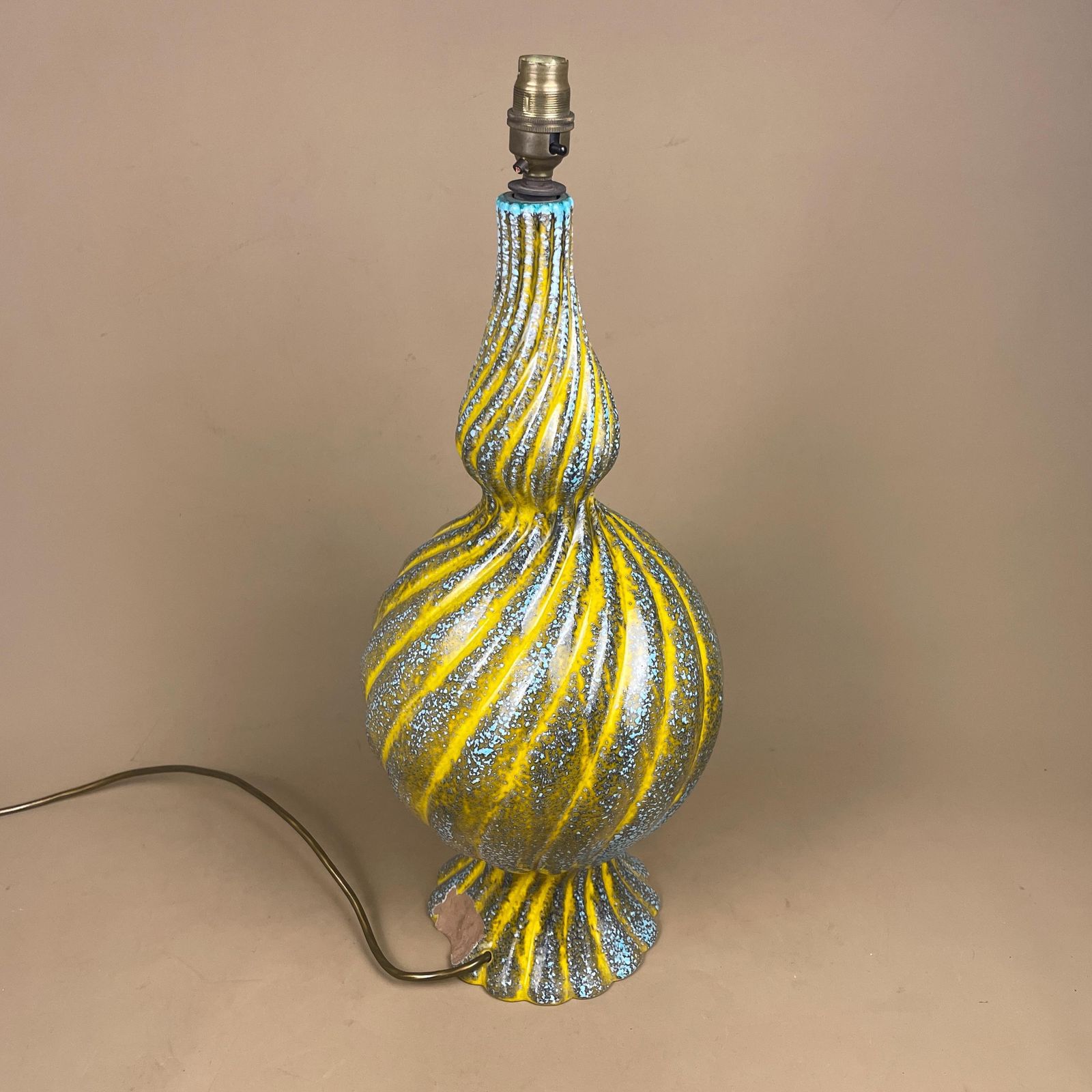 Large Vintage Ceramic Lamp Light Bedside Table Hand Painted Glaze Design Pattern Vase Yellow Blue Twisted Twist Pottery Handmade Studio Clay photo vintage