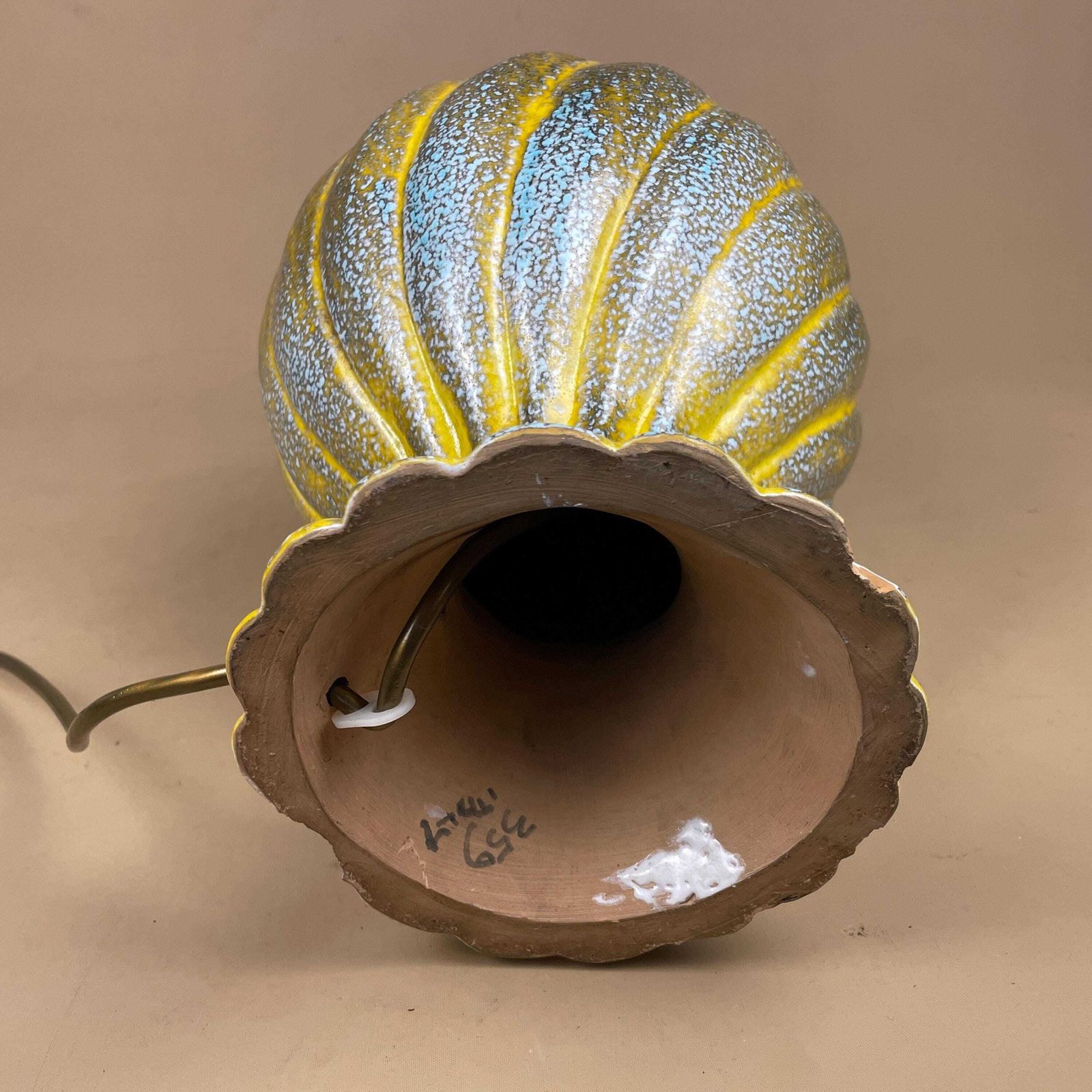 269.0 Large Vintage Ceramic Lamp Light Bedside Table Hand Painted Glaze Design Pattern Vase Yellow Blue Twisted Twist Pottery Handmade Studio Clay photo