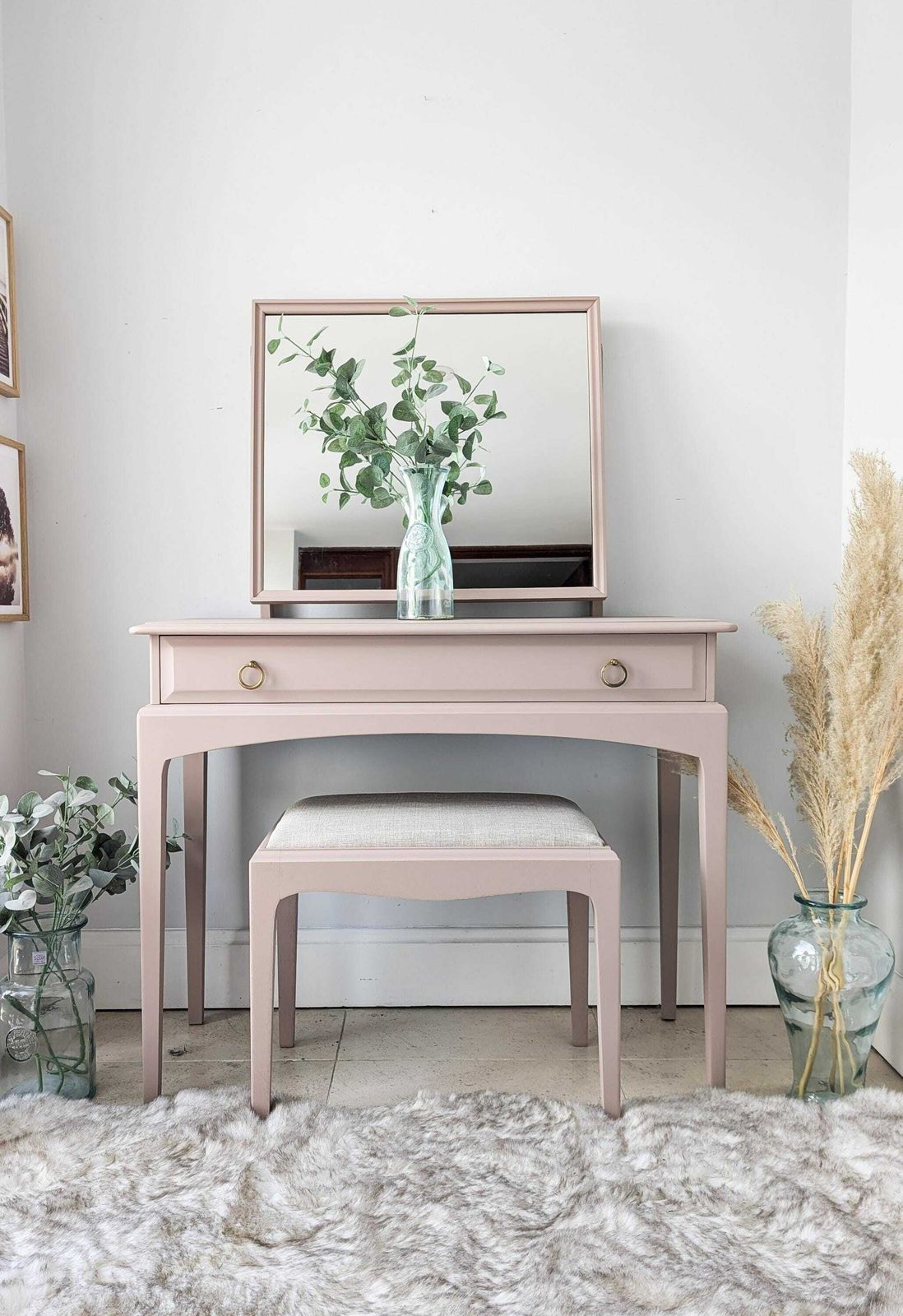 Spray Painted Pink Stag Small, Compact Dressing/Console Table With Mirror And Stool