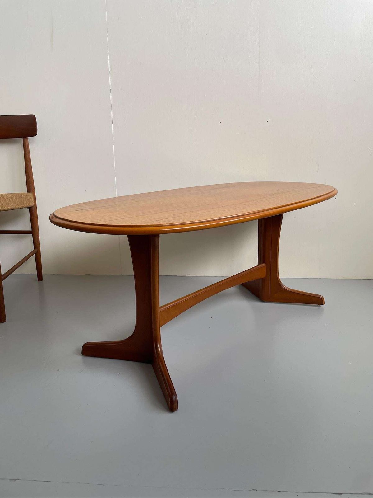 photo for sale Vintage Oval Wooden Coffee Table With Curved Legs Mid Century Scandi Style