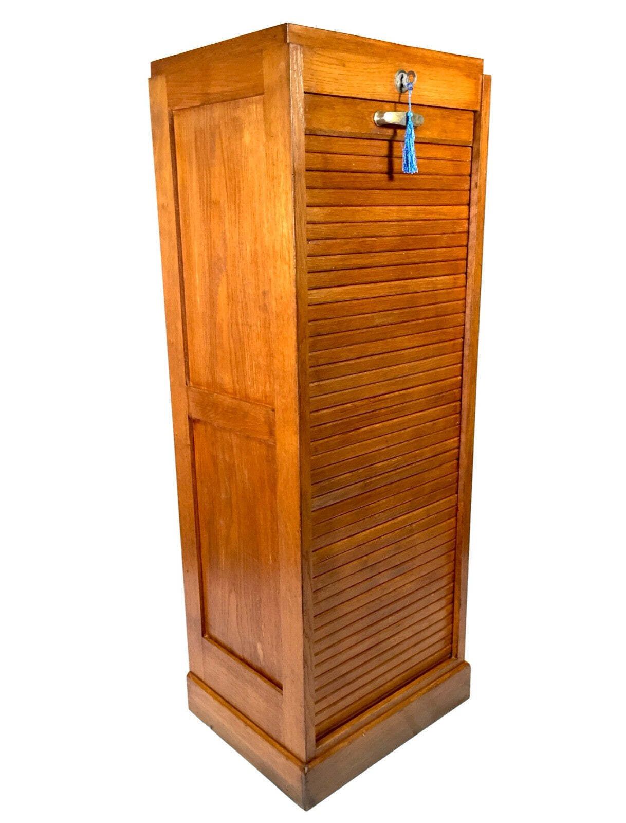 Antique 1950s Wooden Oak Tambour Fronted Office Paper Filing Cabinet With Key
