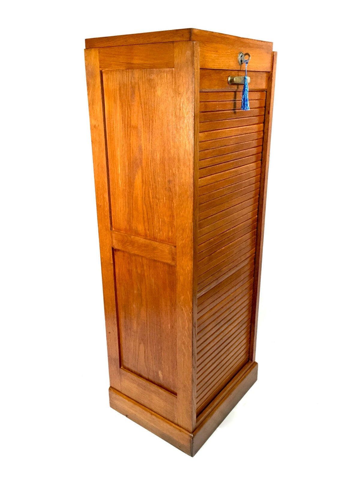 Antique 1950s Wooden Oak Tambour Fronted Office Paper Filing Cabinet With Key photo for sale