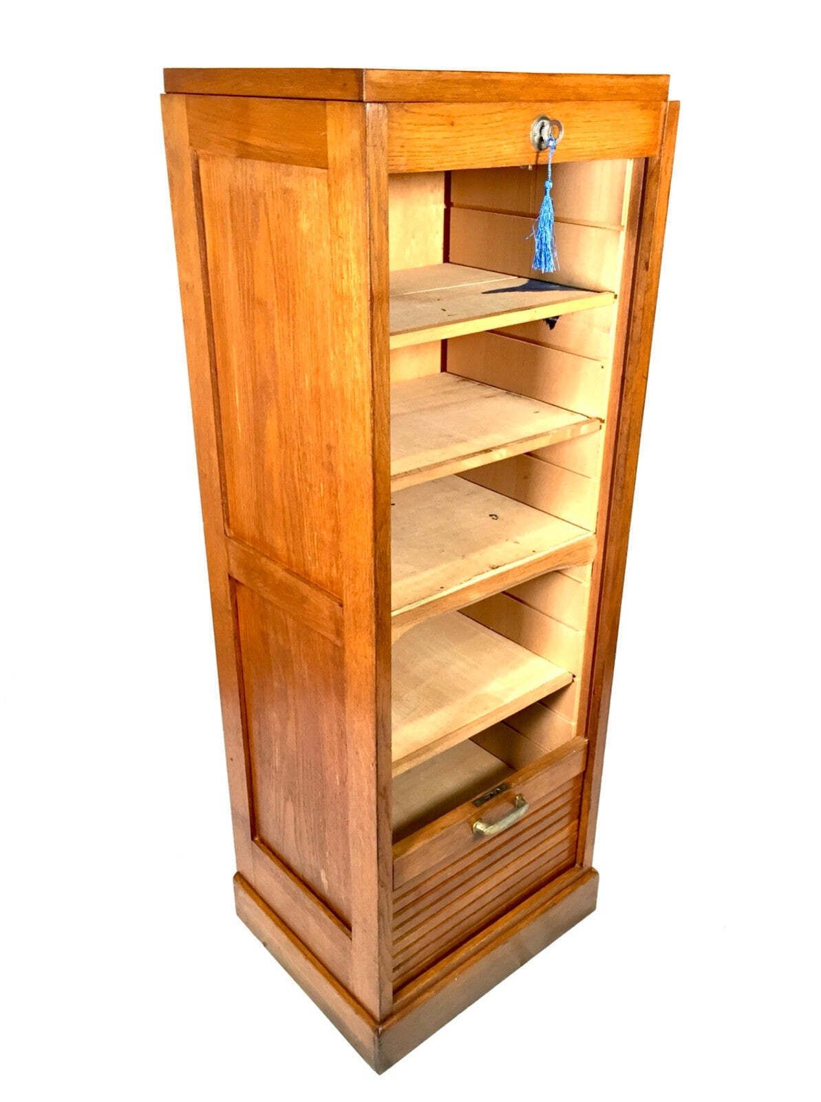 Antique 1950s Wooden Oak Tambour Fronted Office Paper Filing Cabinet With Key photo 399.0