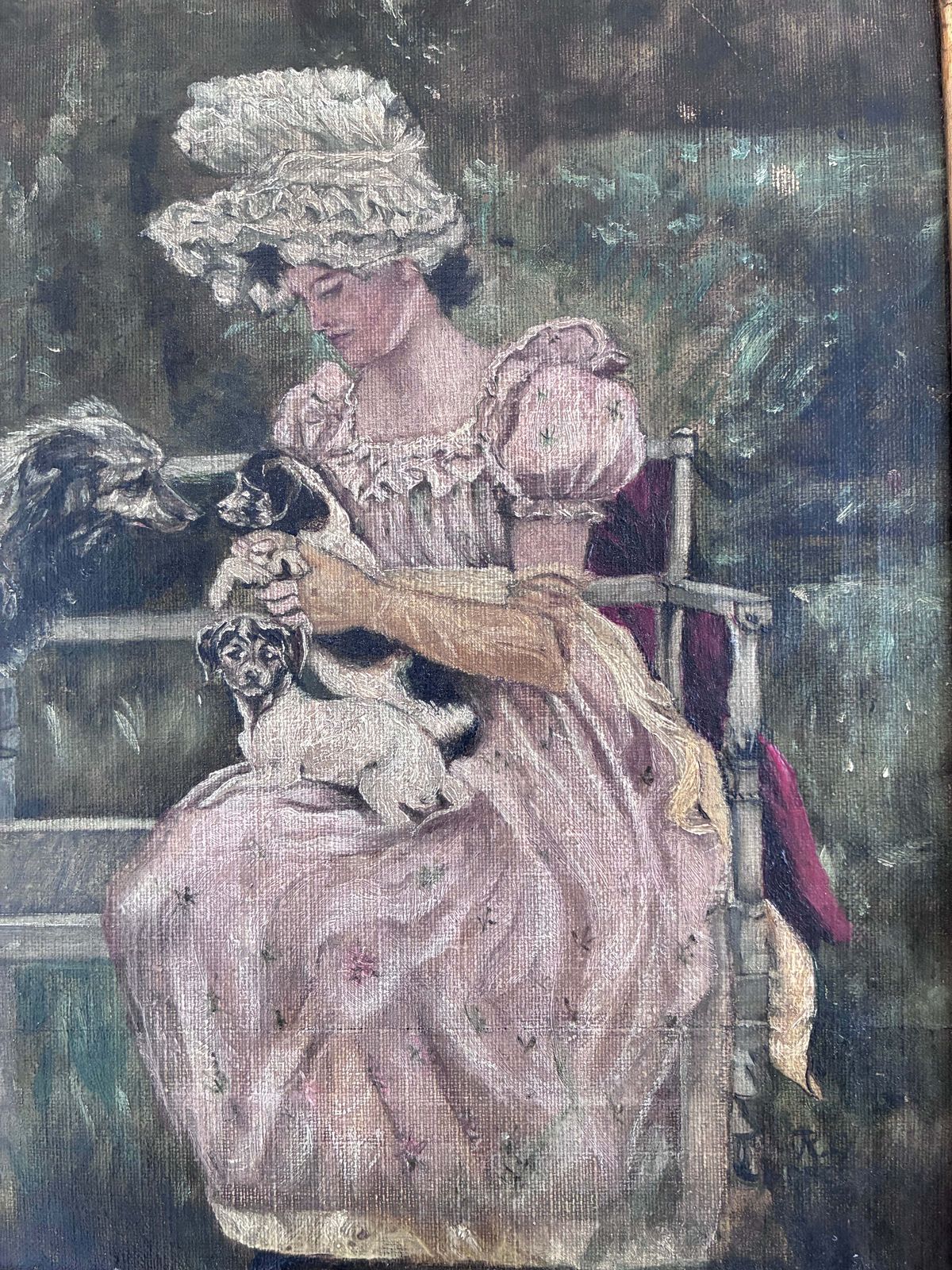 Antiek Olieverfschilderij Van Een Vrouw Met Honden In Het Park, Ca. 1880 photo 550.0
