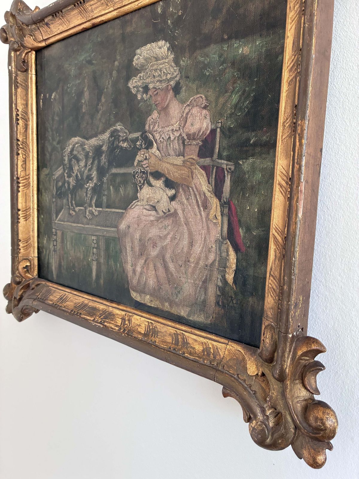 550.0 Antiek Olieverfschilderij Van Een Vrouw Met Honden In Het Park, Ca. 1880 photo