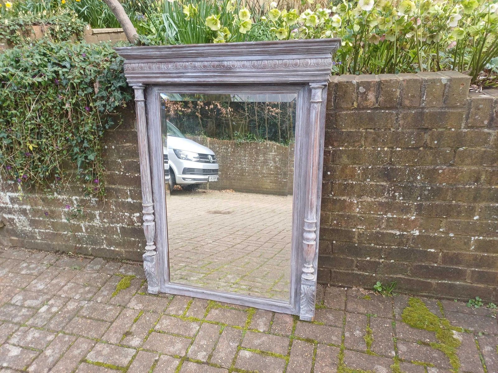 Antique French Fruitwood Mirror C1910 Ornate Carved Frame Bevelled Glass Rustic Wash Mantel Decorative Statement Piece