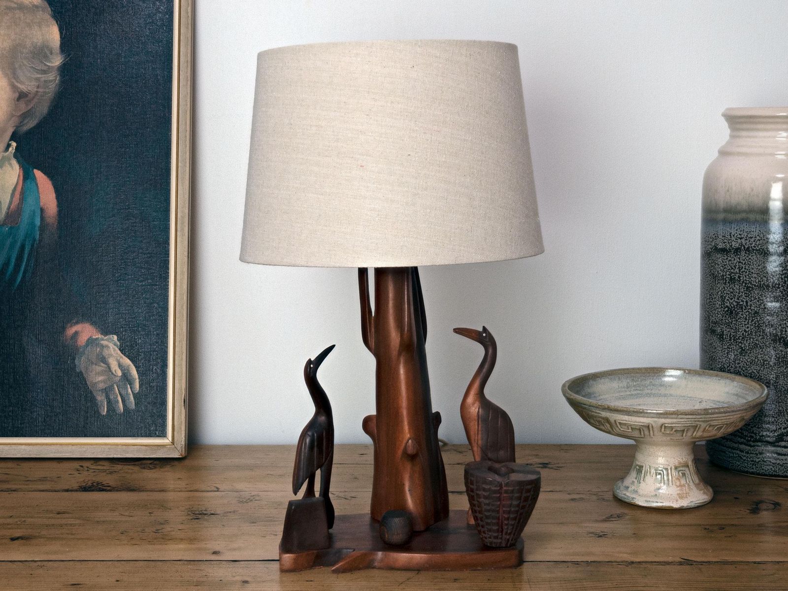 Vintage Mid Century Wooden Lamp With Fabric Shade Carved Birds 1960s   Mid Century Home Decor photo furniture