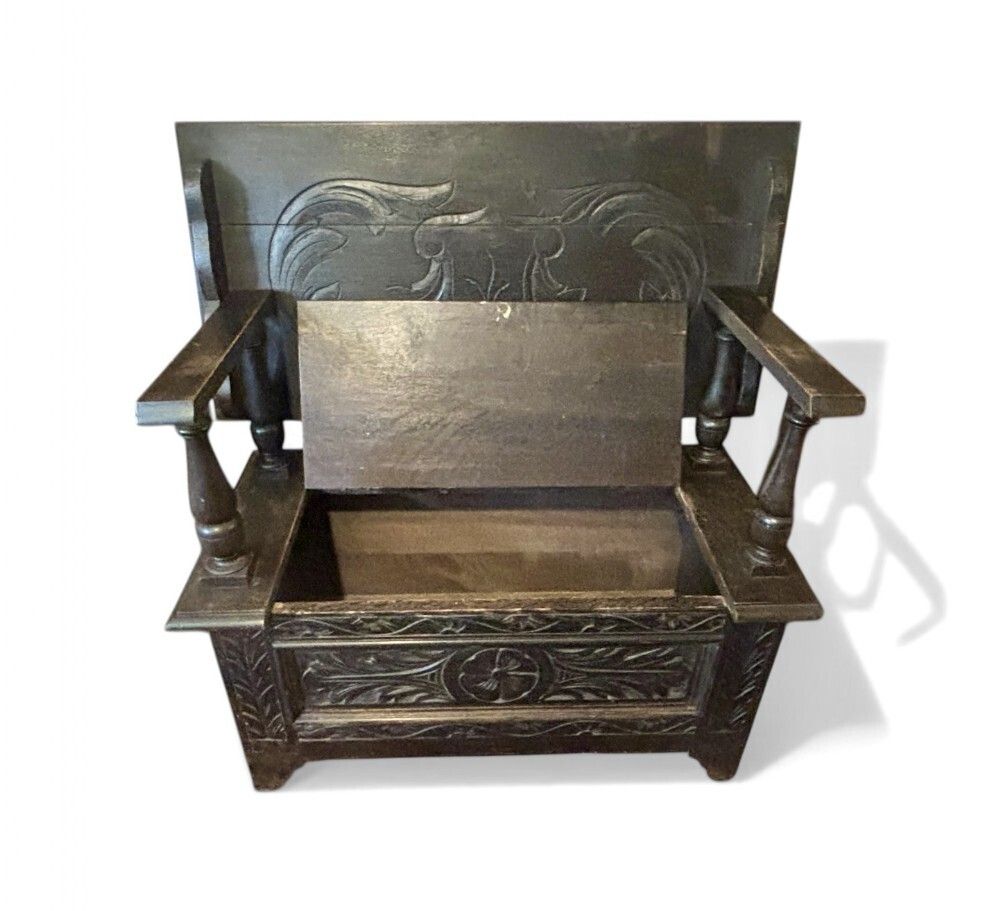 Small Carved Oak Monk’s Bench. photo furniture